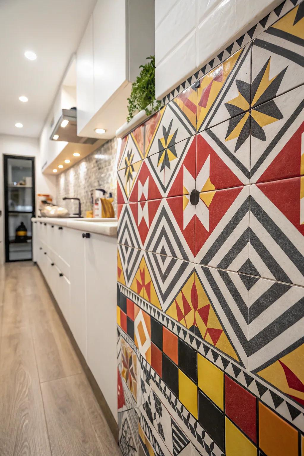Bold-design tiles create a striking visual in modern kitchens.