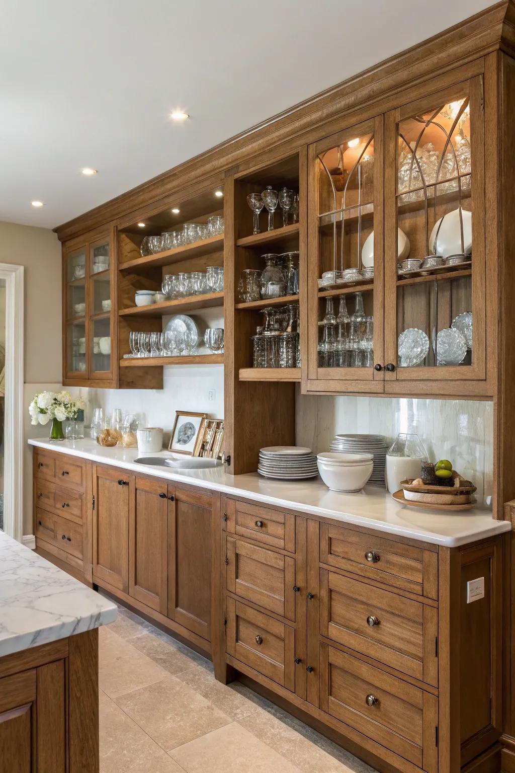 Open shelving enhances the inviting tones of oak, merging design with function.