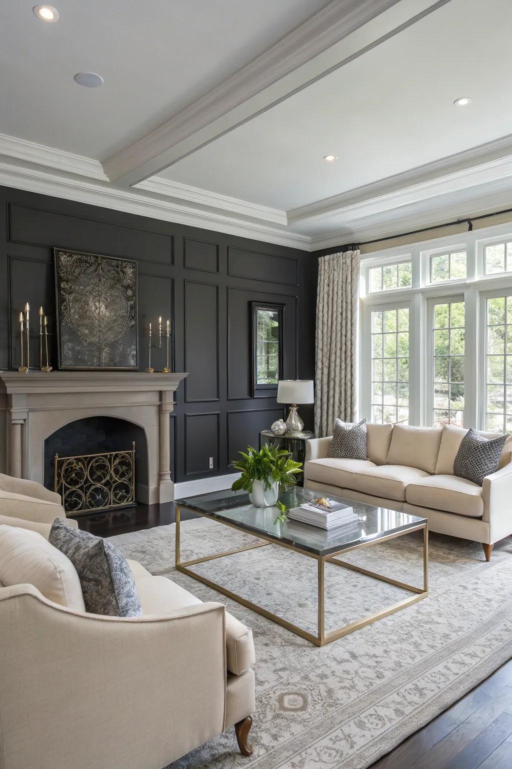 Shadow-toned walls deliver a stylish setting for this elegant living room.