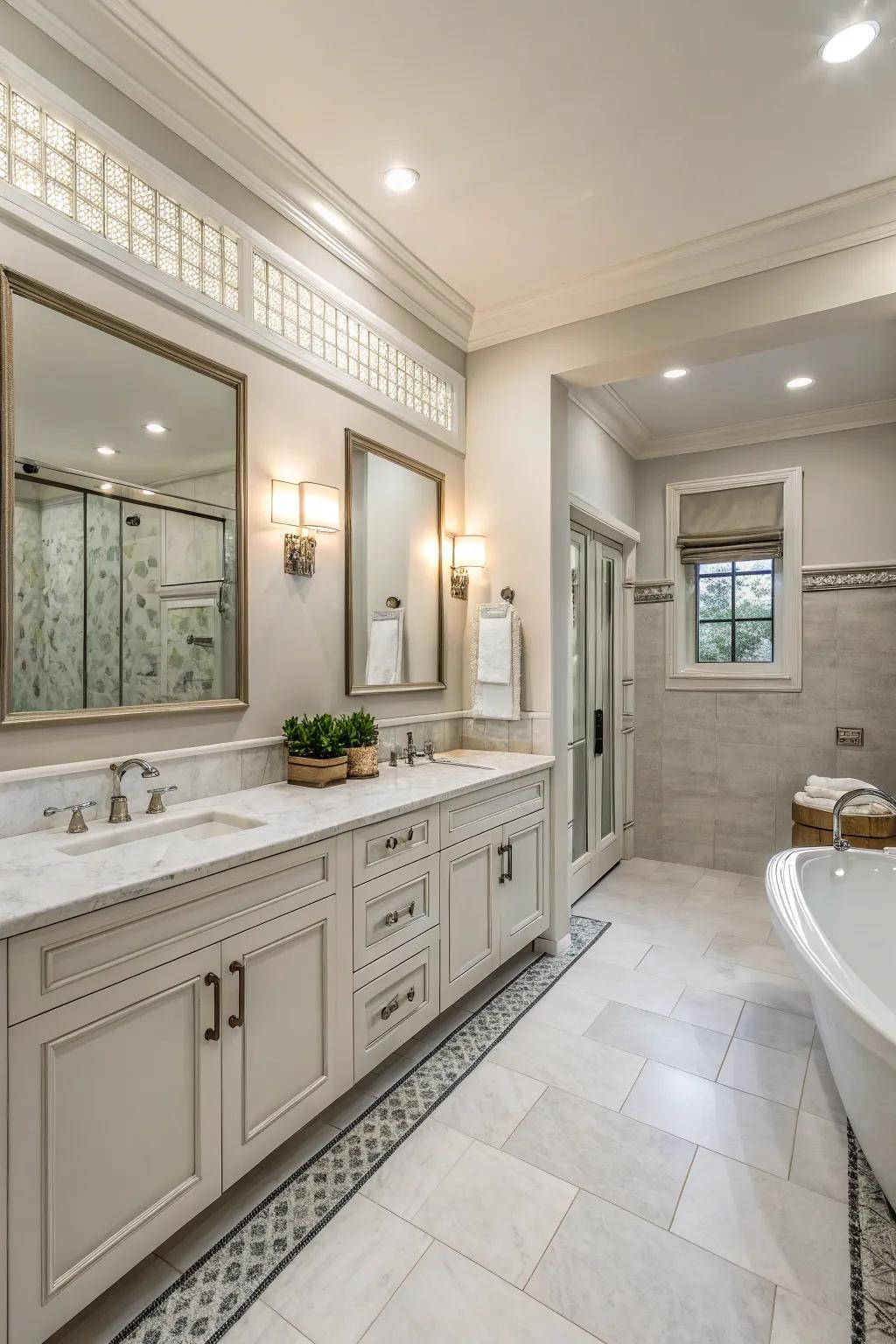 A tranquil setting achieved with subdued tones in this master bathroom.