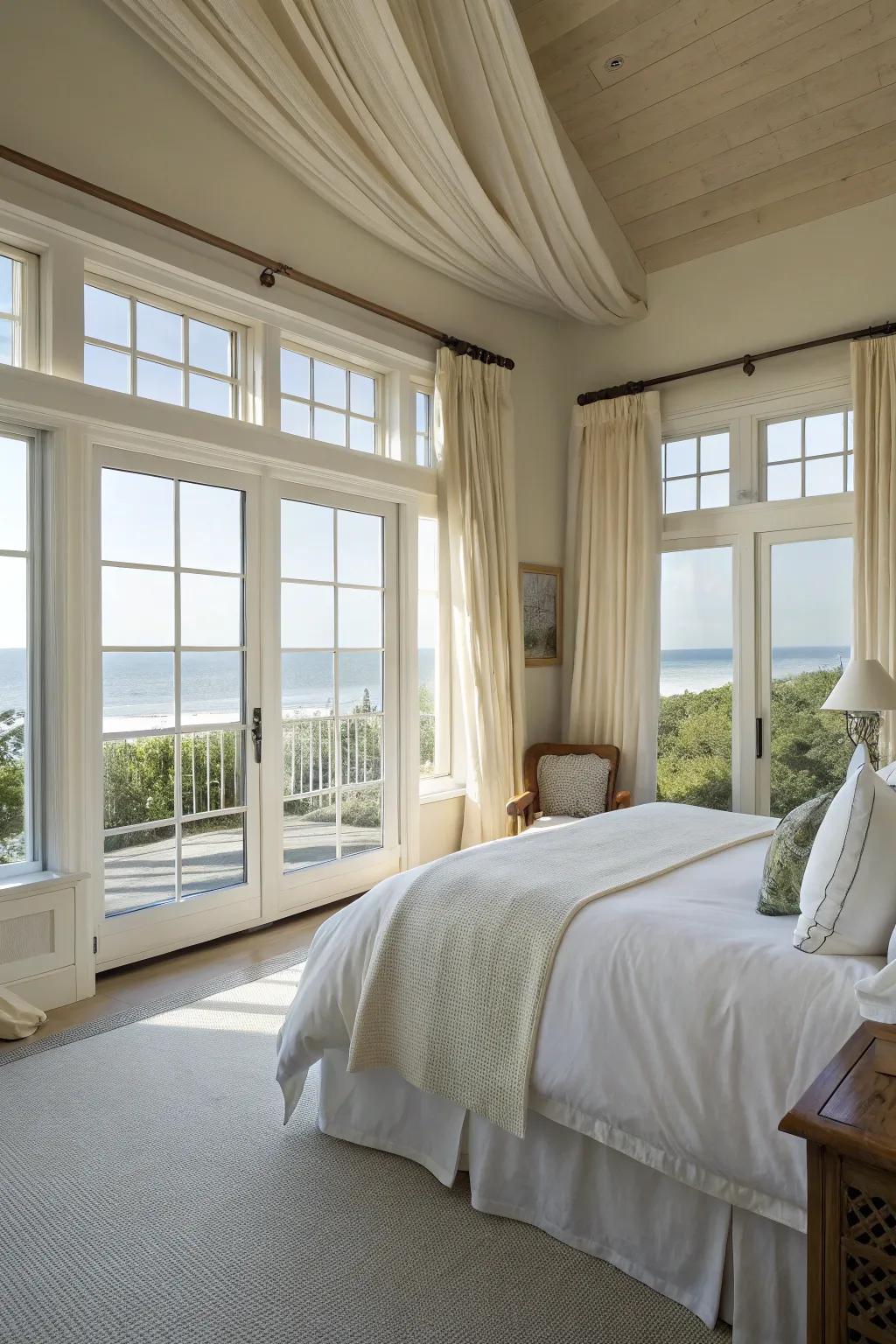A bright primary bedroom saturated with natural light.
