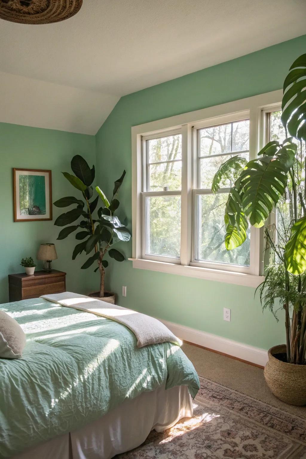 A mint green bedroom filled with natural elements.