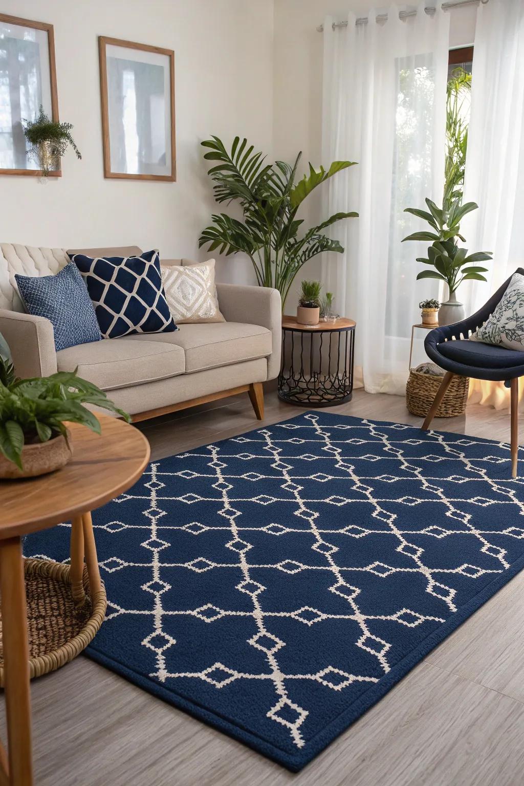 A patterned deep sea floor covering brings the space together wonderfully.