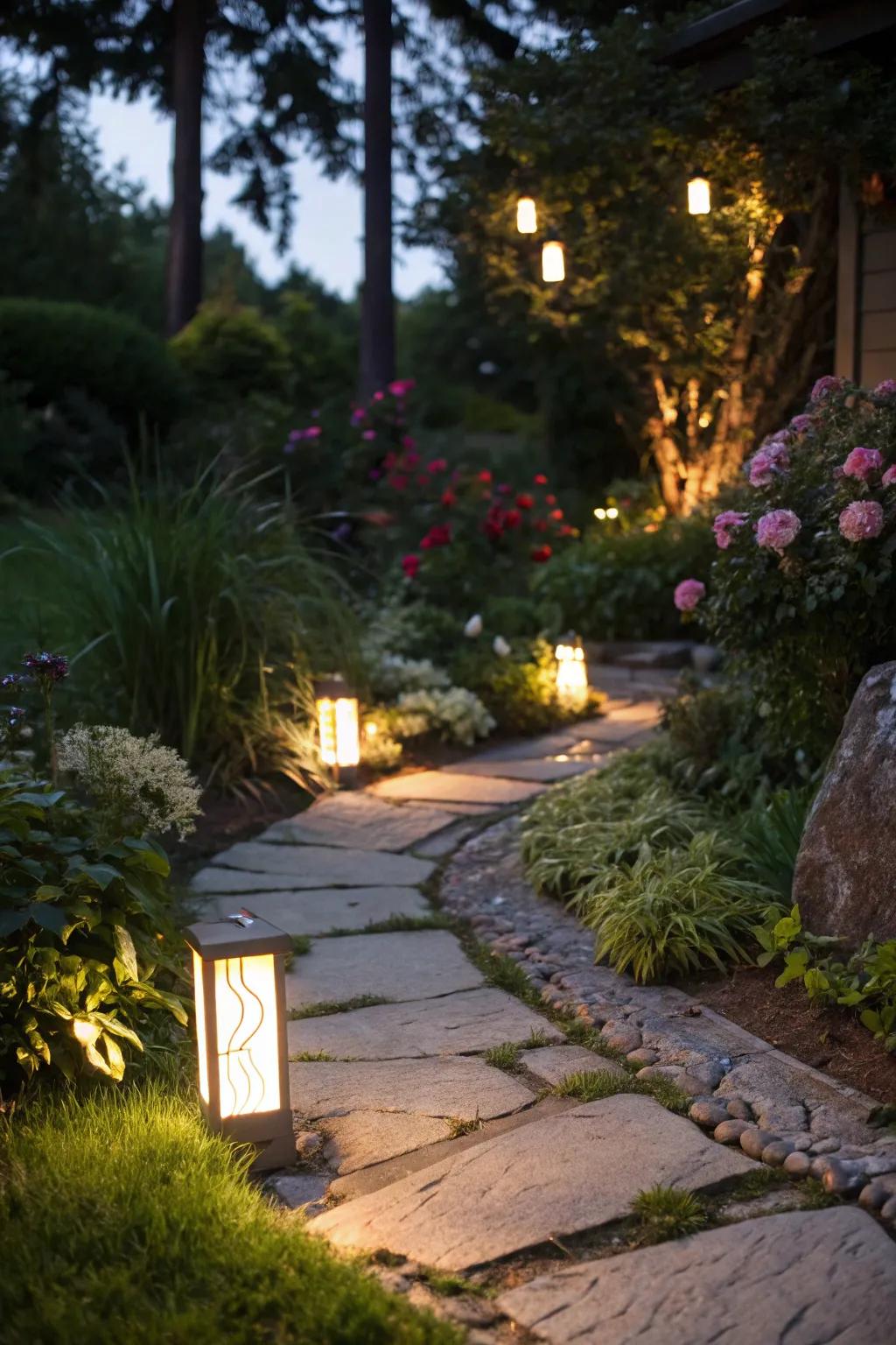 A garden path elegantly illuminated with ambient lighting for evening allure.