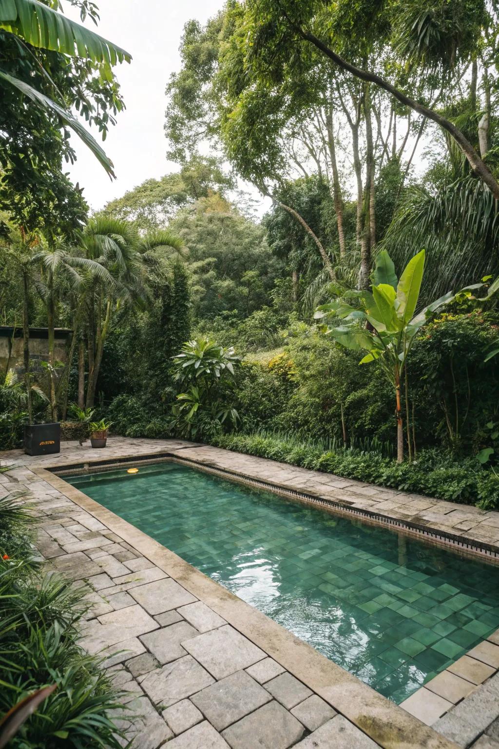 Nature stone tiles match perfectly with thick green surroundings.