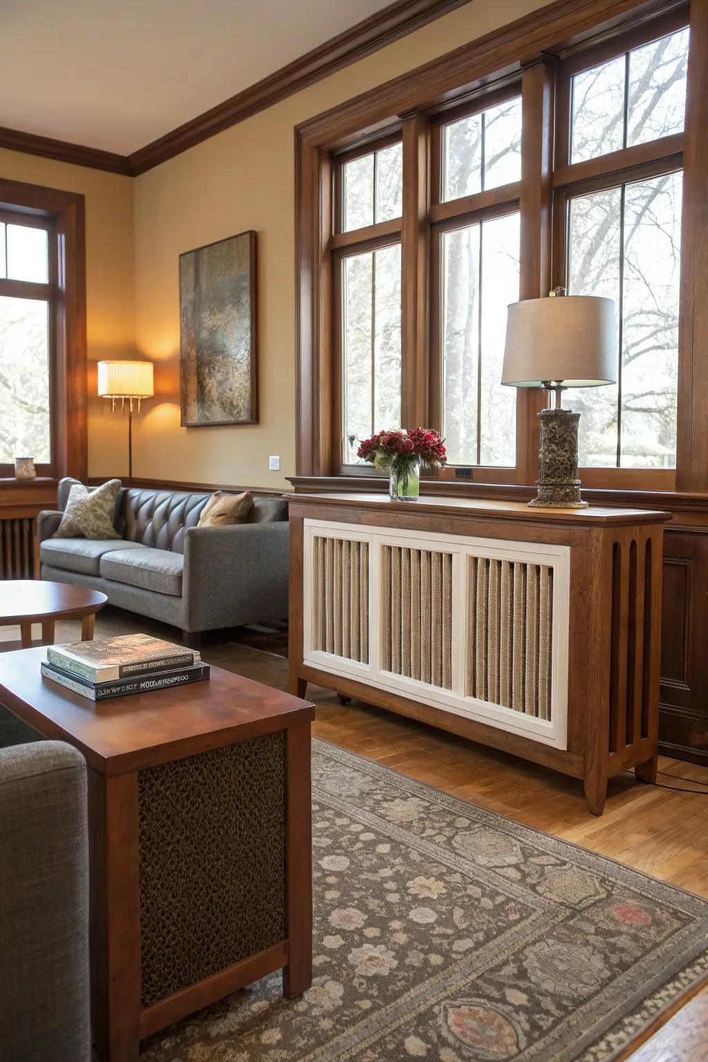 A mid-century modern living room with a stylish radiator cover.