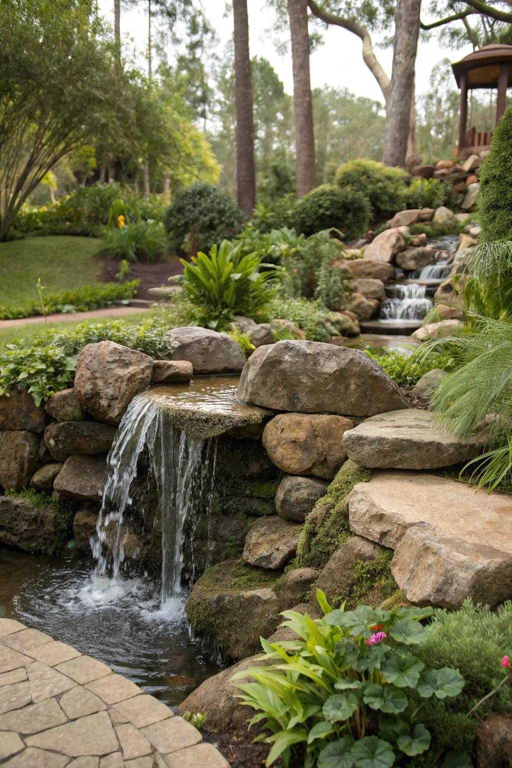 A mineral cascade element injects peace and motion into your garden.