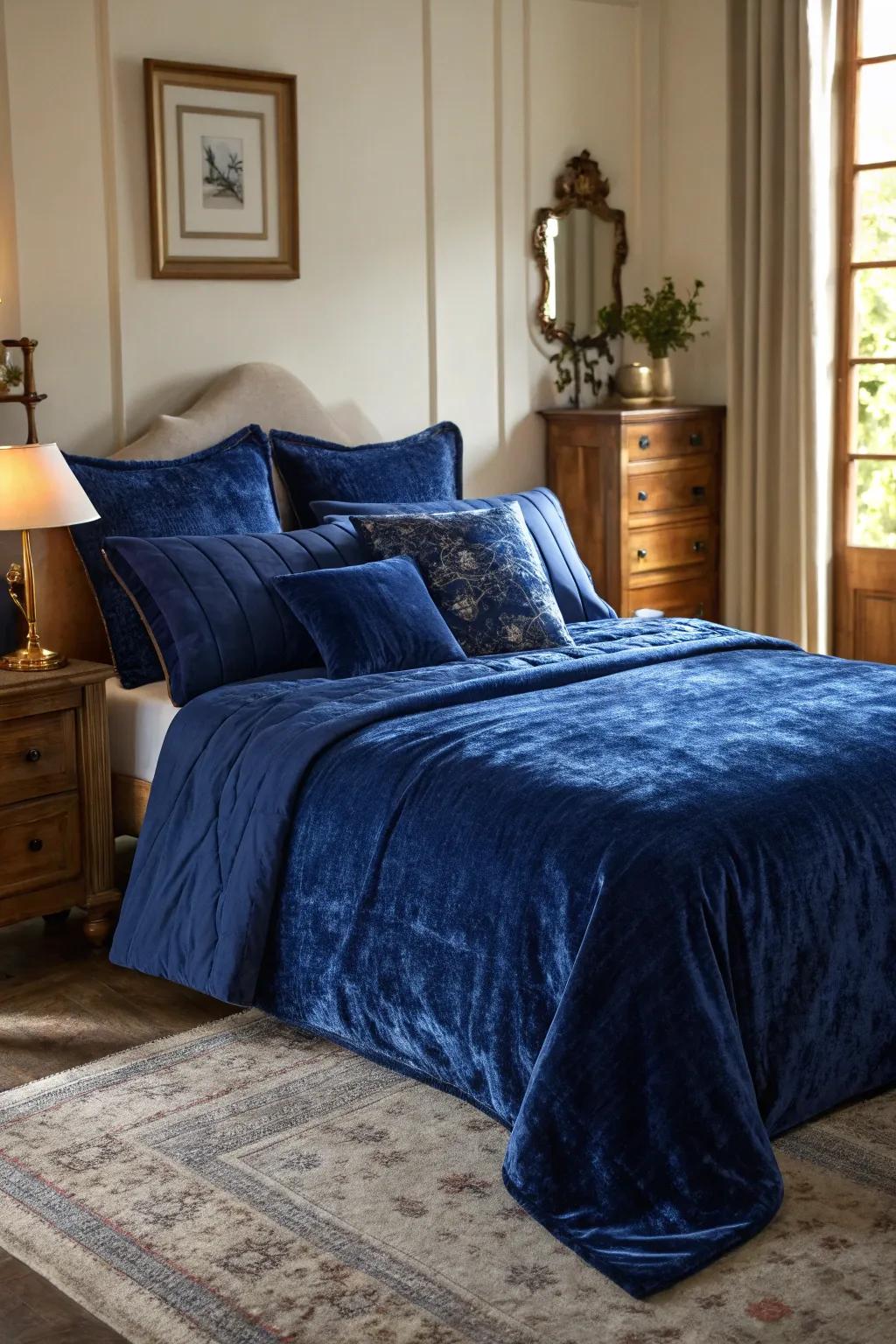 Indigo velvet bedding enhances comfort and infuses a touch of luxury.