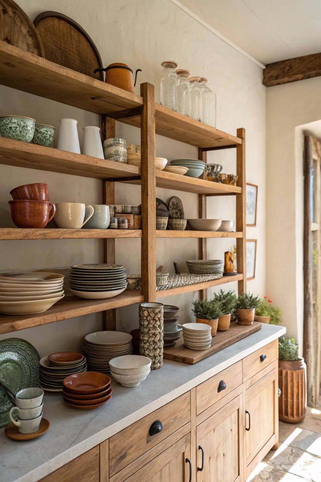 Open shelves provide functionality and a display area for personal touches.