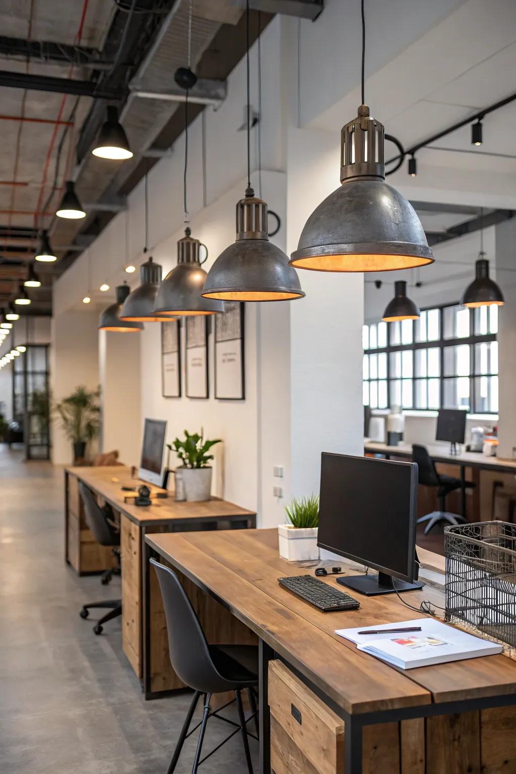Factory-inspired illumination casts a contemporary spin on rustic office aesthetics.