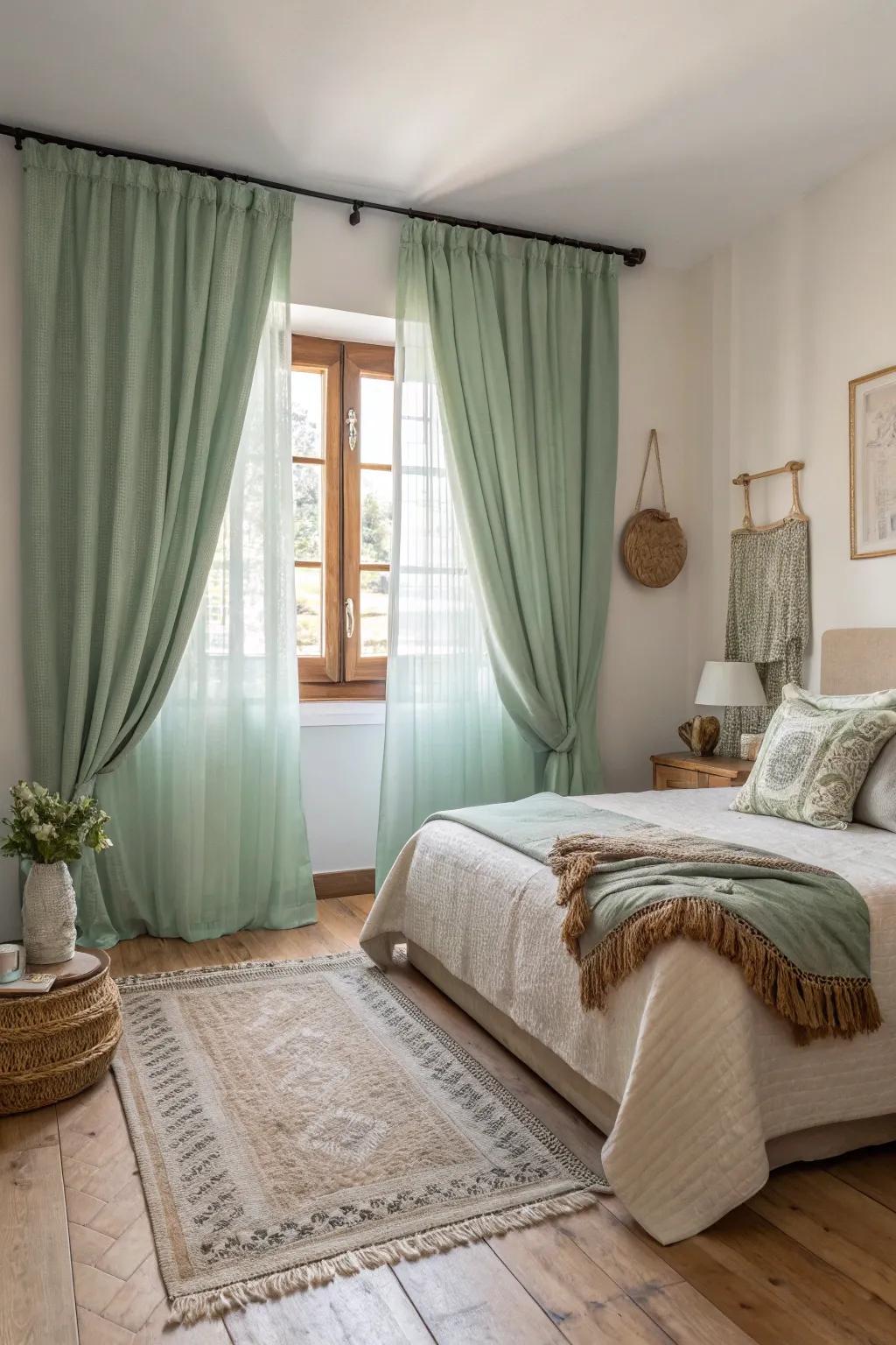 Soft green curtains frame windows beautifully, adding a touch of elegance.