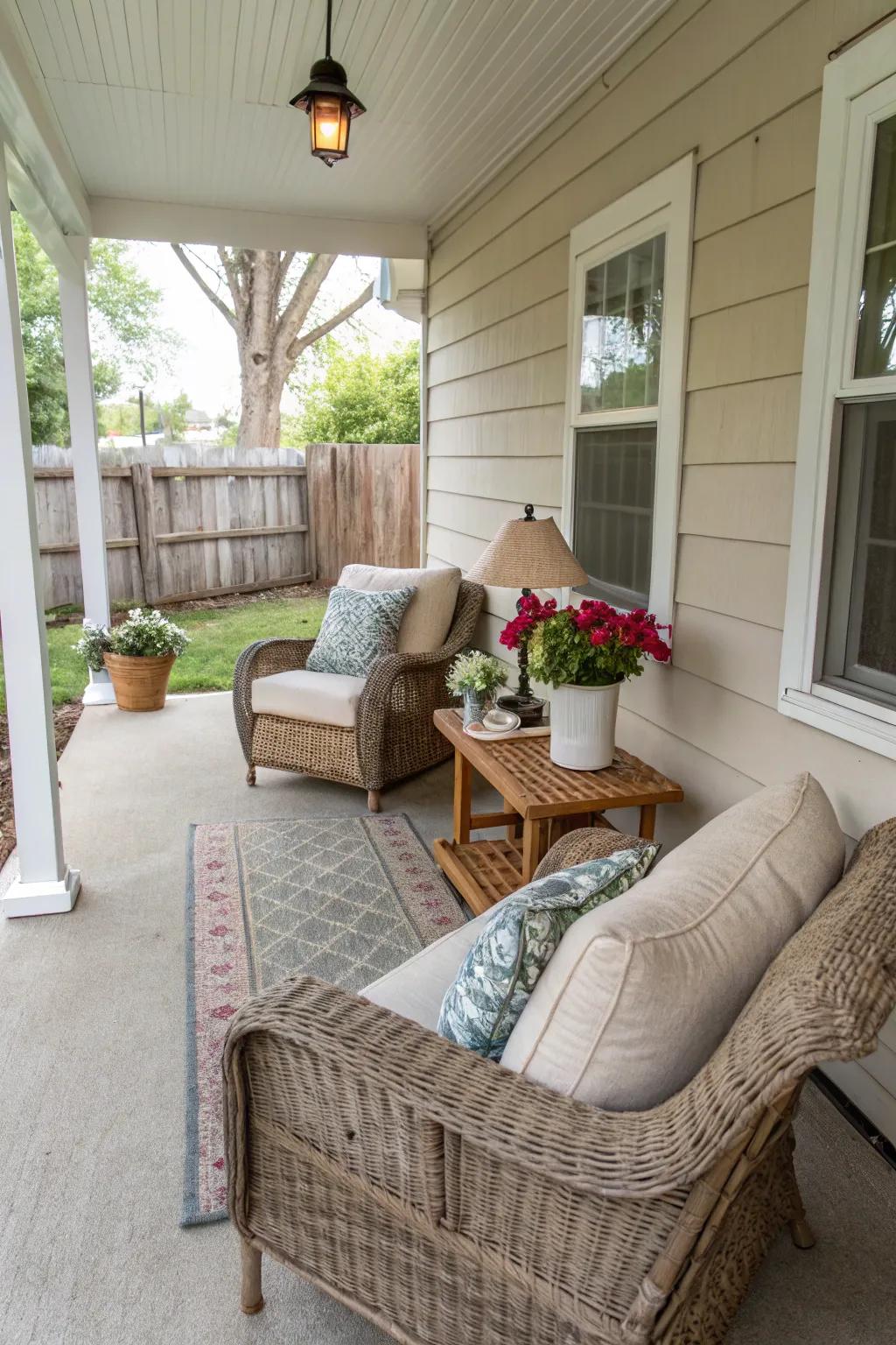 A petite front porch featuring snug seating configurations designed for unwinding.