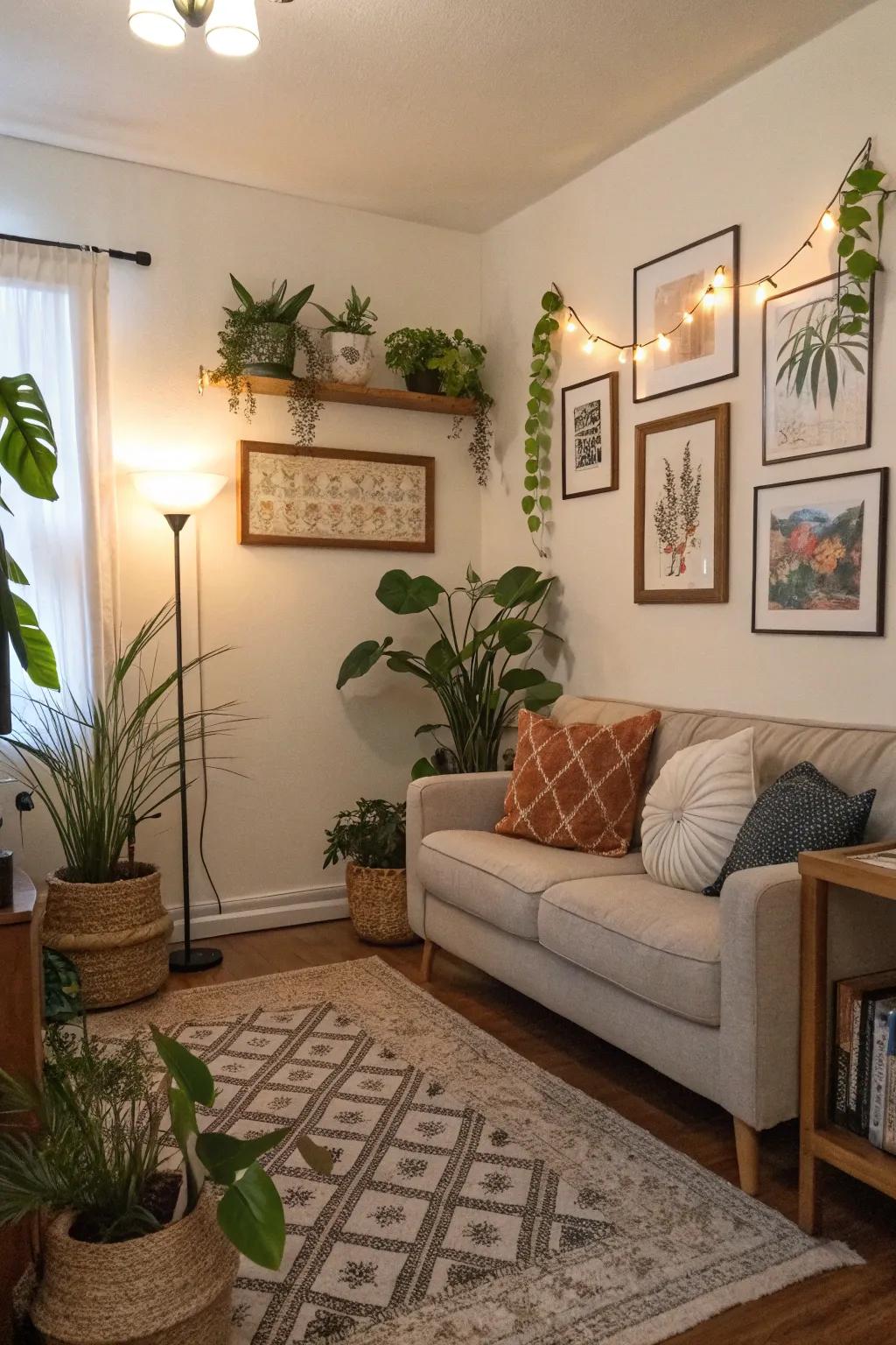 Decorative features such as flora and artworks featured in a compact living space.
