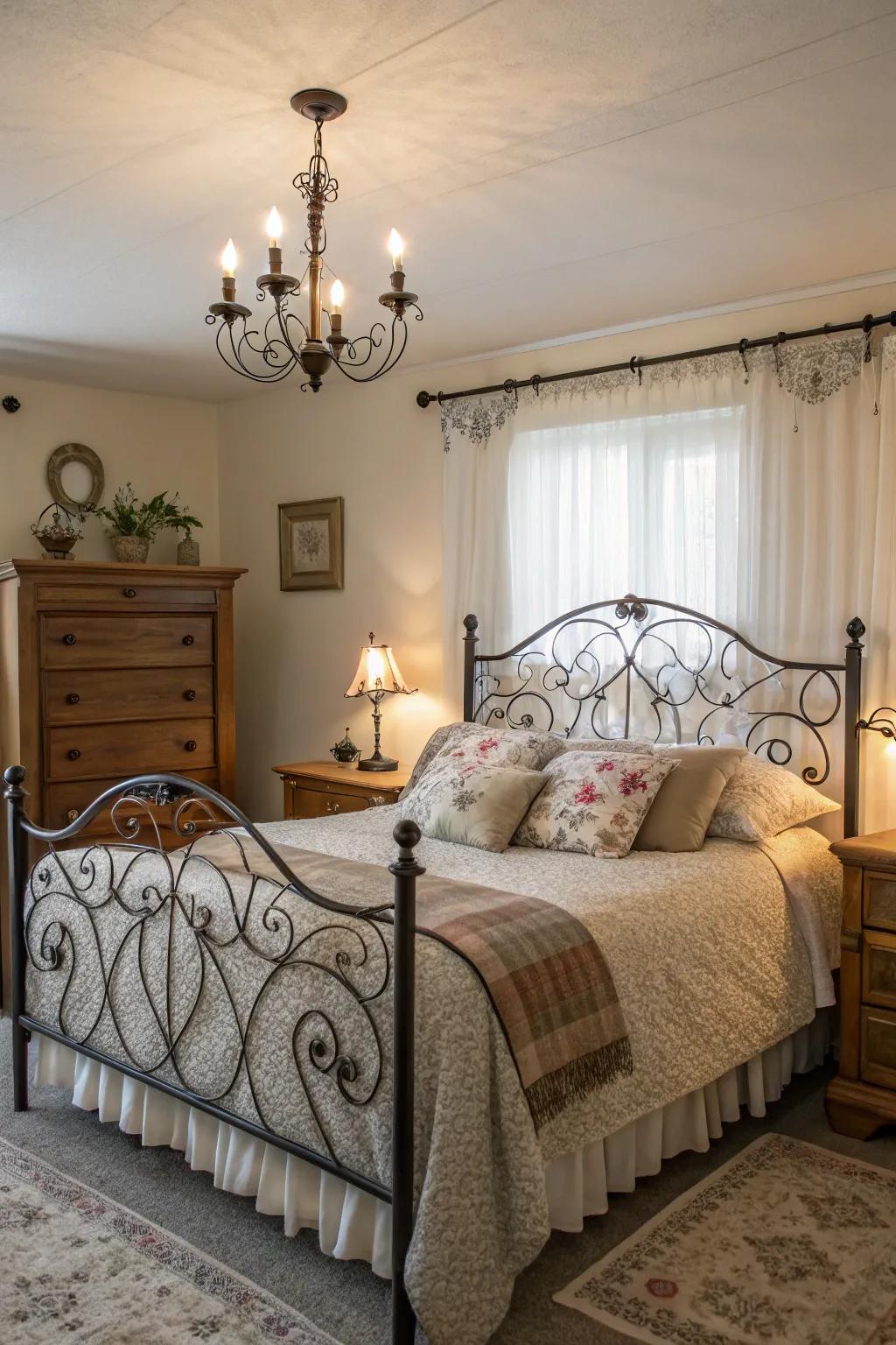 Forged iron accents add a romantic touch to a modern Spanish bedroom.