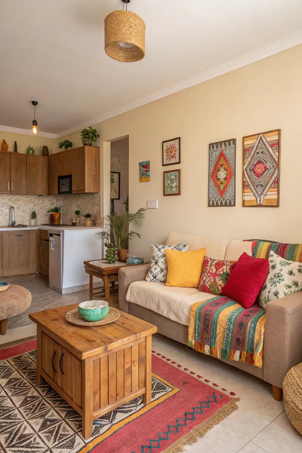 A studio apartment styled with neutral earthy tones and vibrant accessories for pops of color.