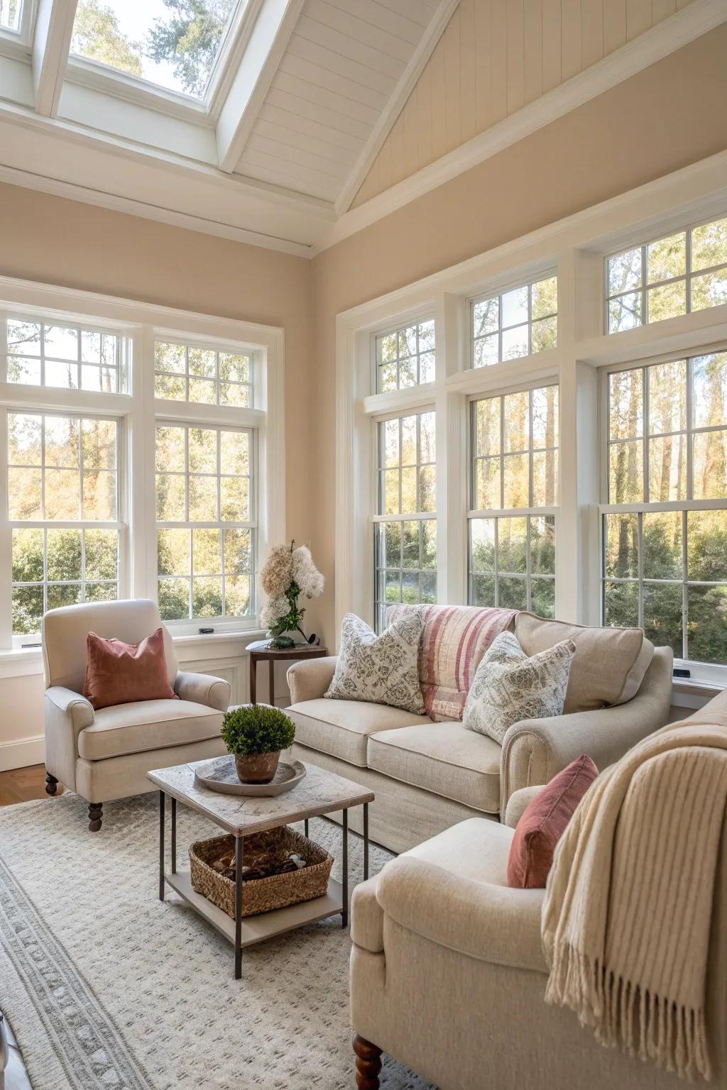 A calming neutral color scheme enhances the tranquility of this sunroom.