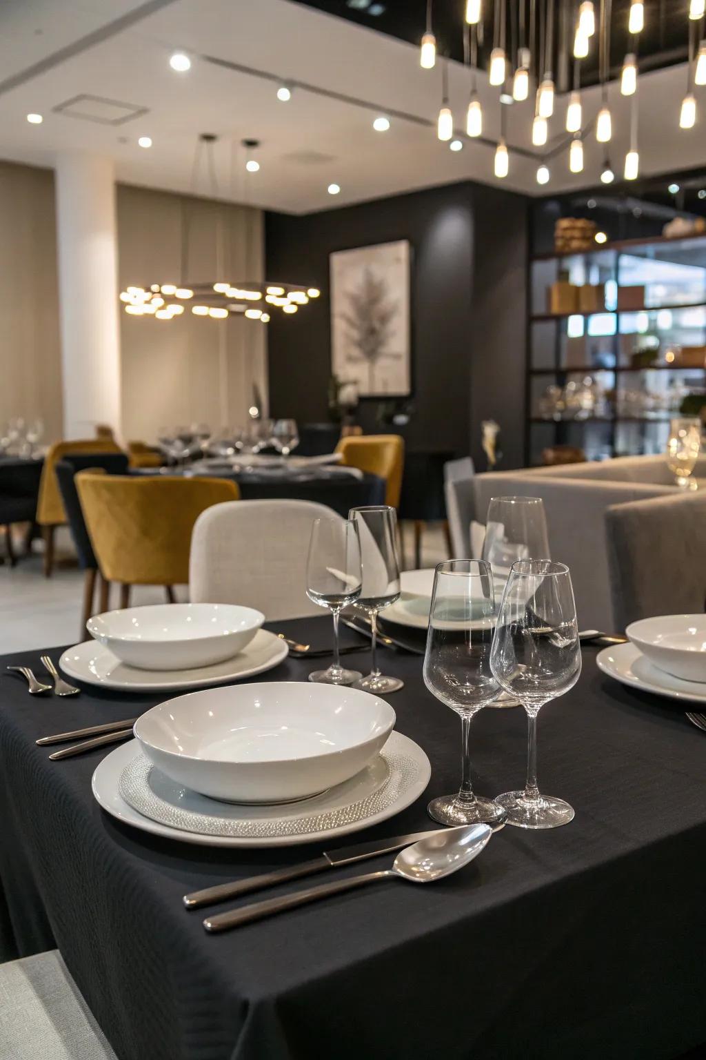 A striking dark table covering creates a dramatic dining ambiance.