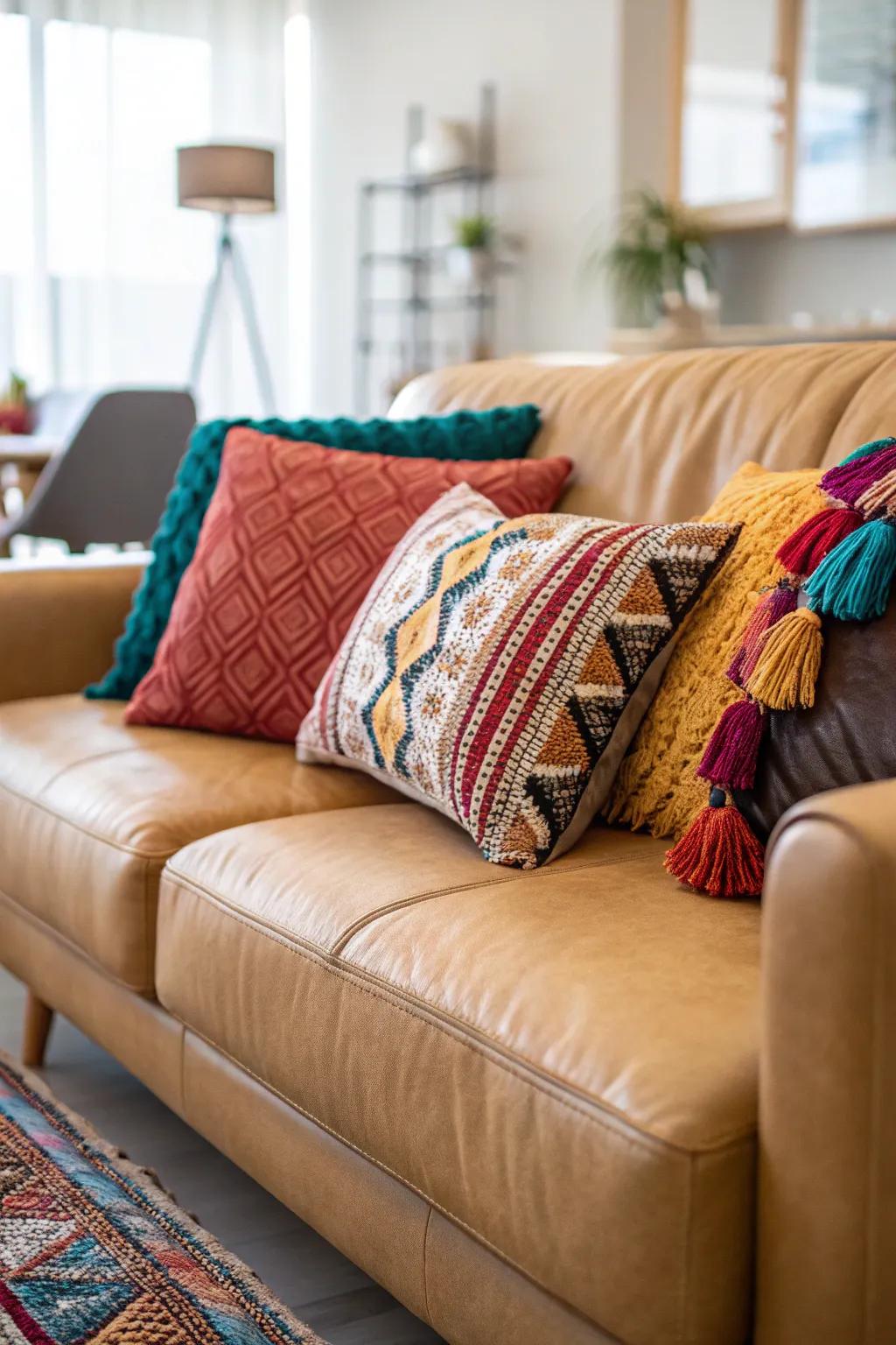 Vibrant ornamental cushions give life to a tawny hide couch.