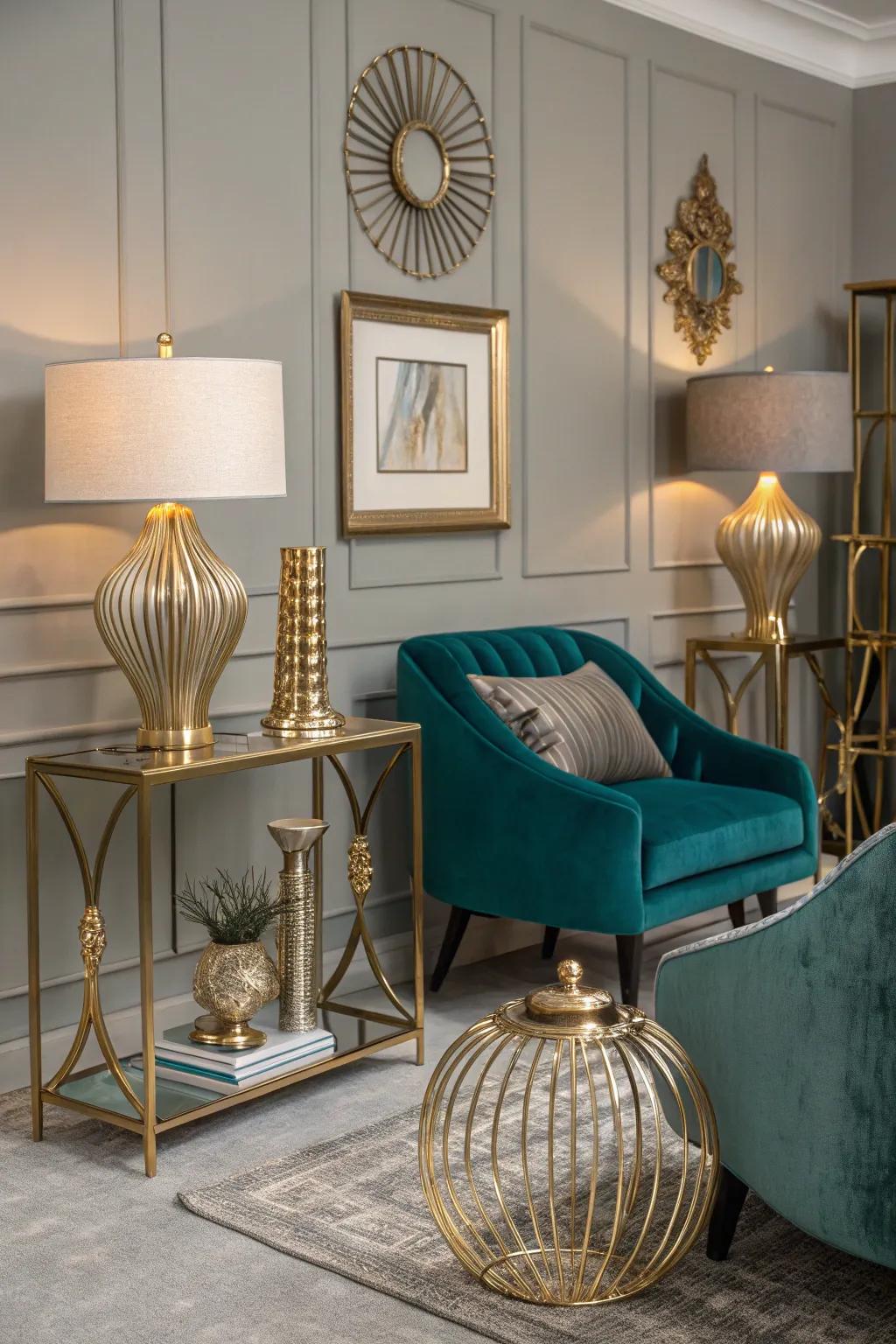 Metallic touches enhance the glamour of a sea-green and gray living room.