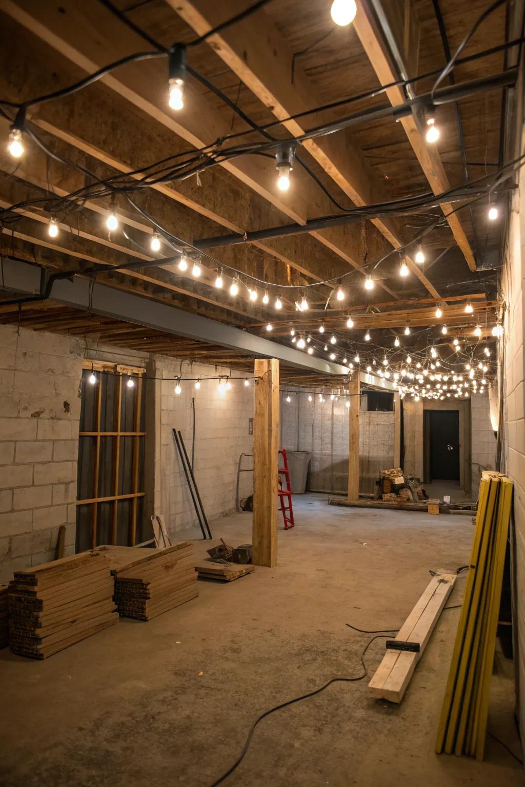 Innovative lighting transforms the mood of an unfinished basement.