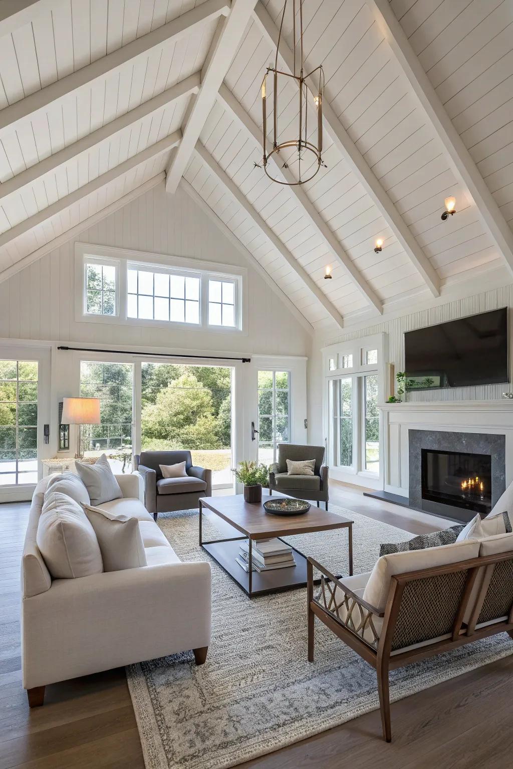 An open layout amplifies the airy sensation of this elegant living area.