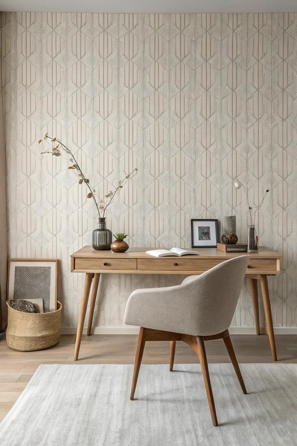 Textured wallcovering adds dimension to a minimalist room.