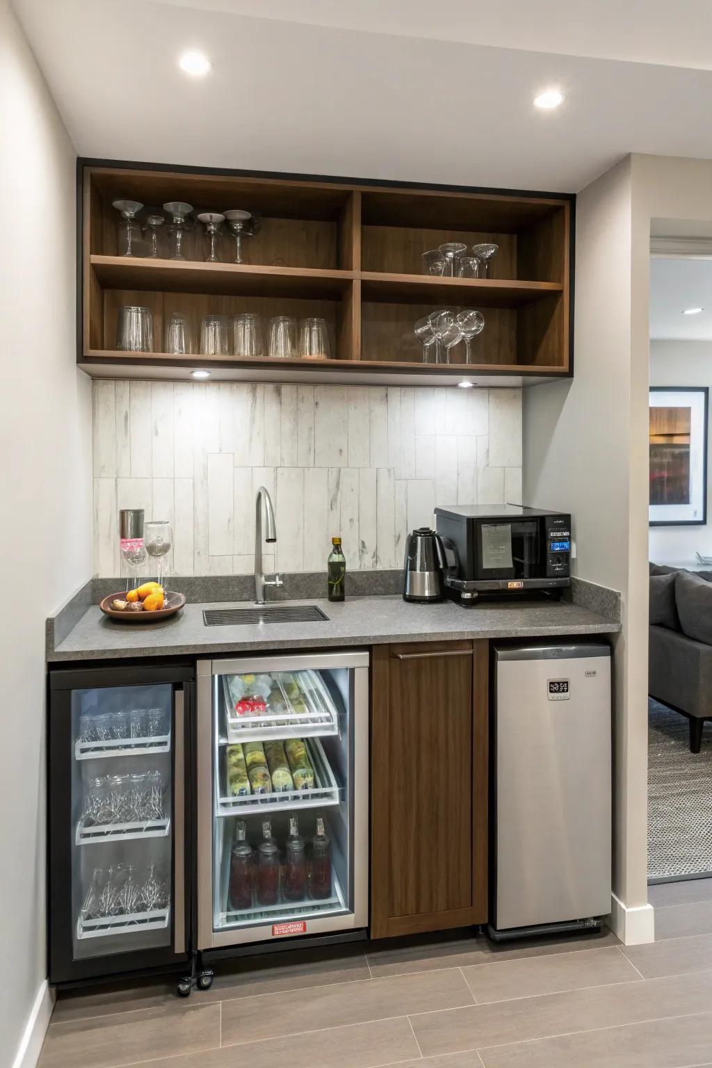 Efficiency meets style in a compact modern wet bar design.