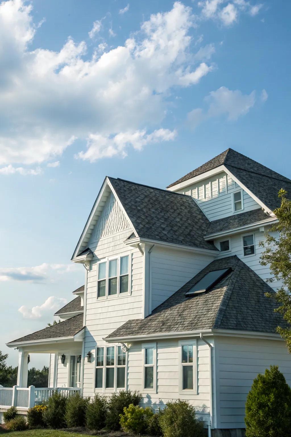 A white siding house featuring a striking mixed roof design.