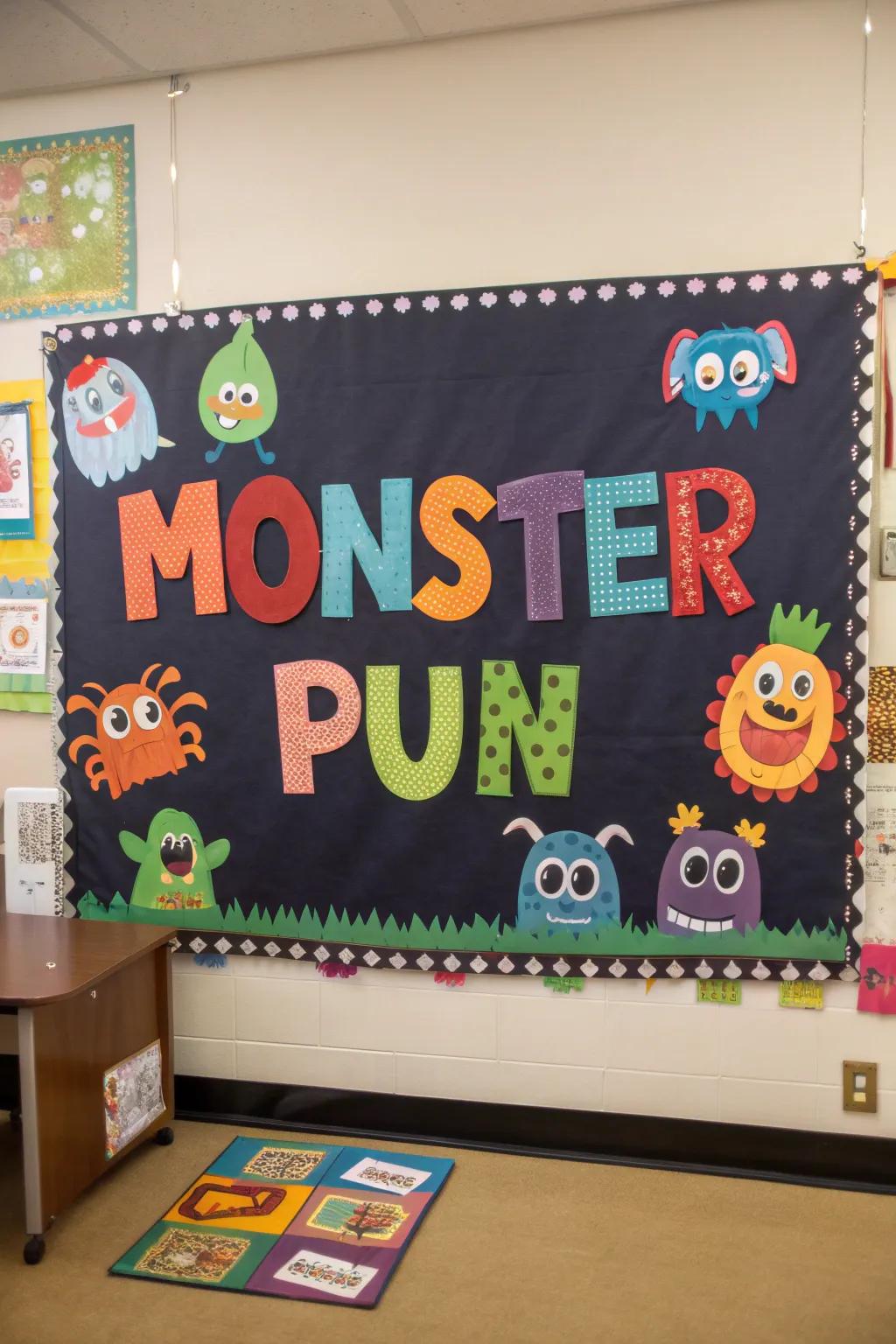 A pun-filled monster bulletin board adding humor and charm.