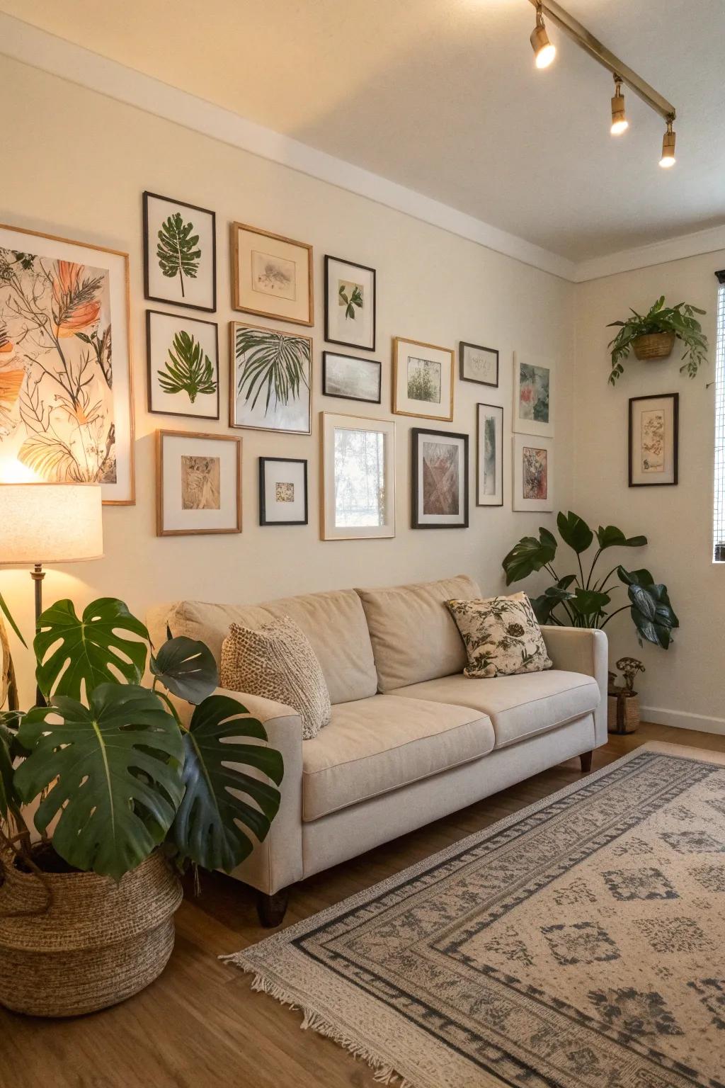 In a living area with muted tones, split-leaf philodendron fronds stand out.