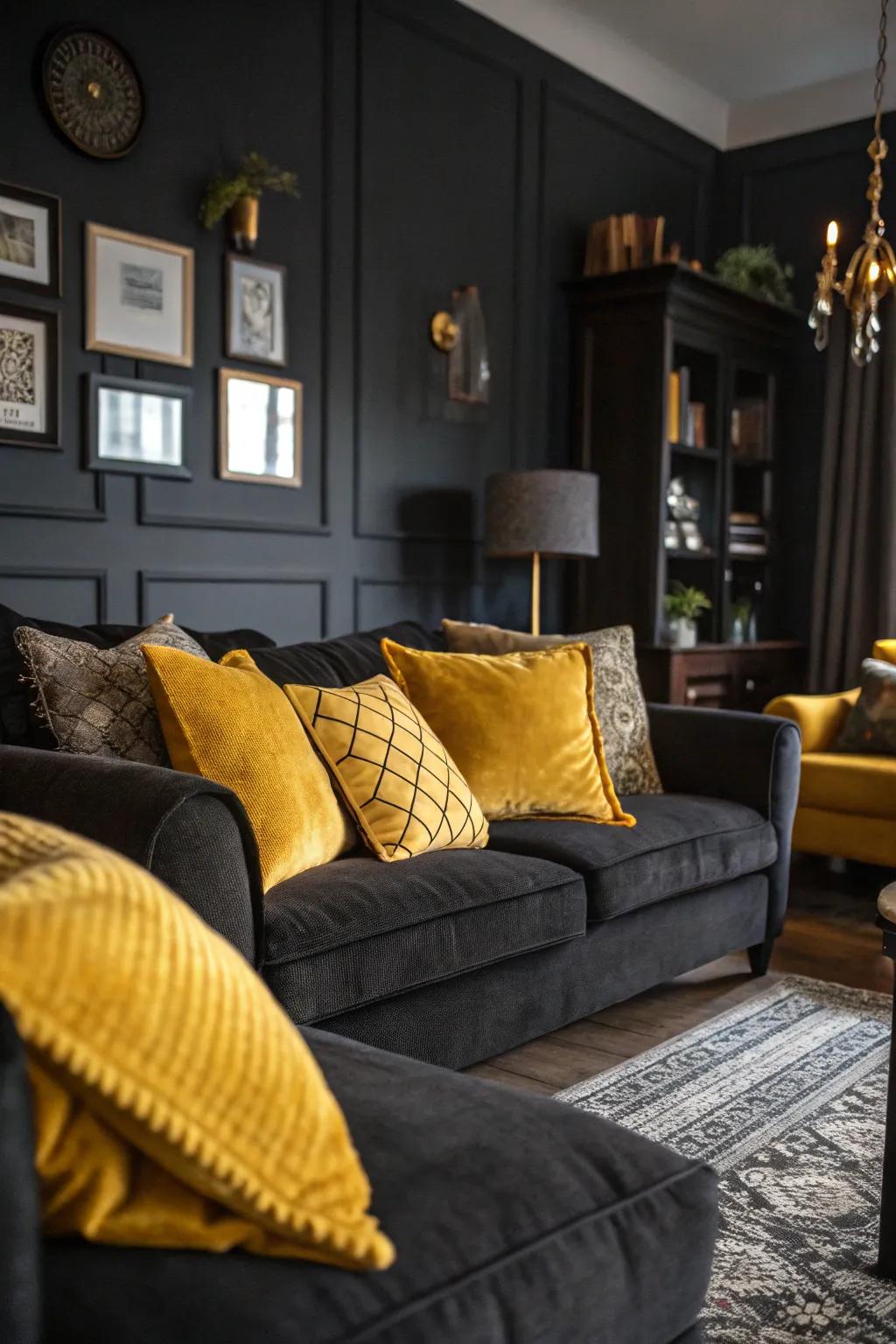 Mustard cushions introducing contrast to a shadowy living area.