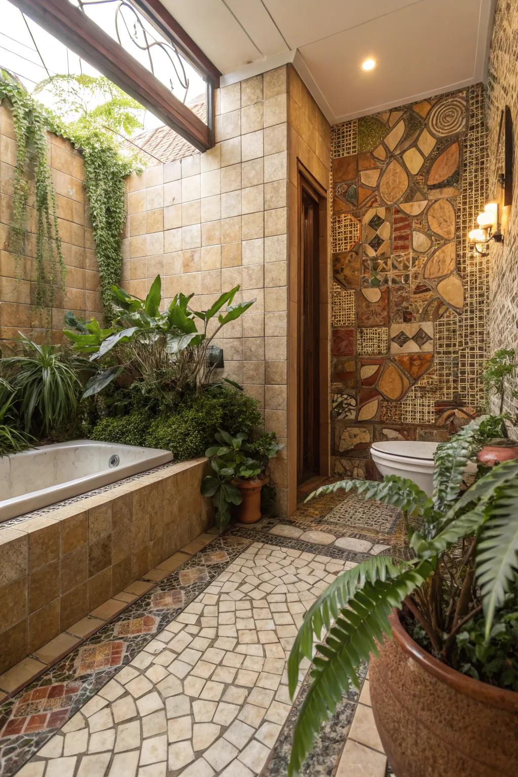 Attain a sense of tranquility utilizing mosaic tiles presented in earthly and natural tones.