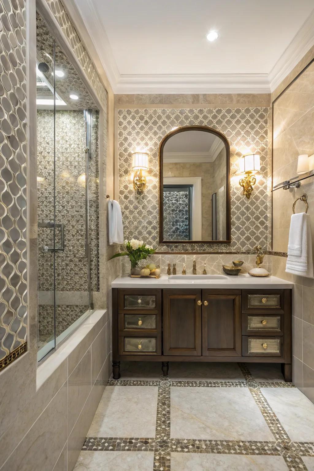 A bathroom displaying a mix of textured mosaic tiles for appended dimension.