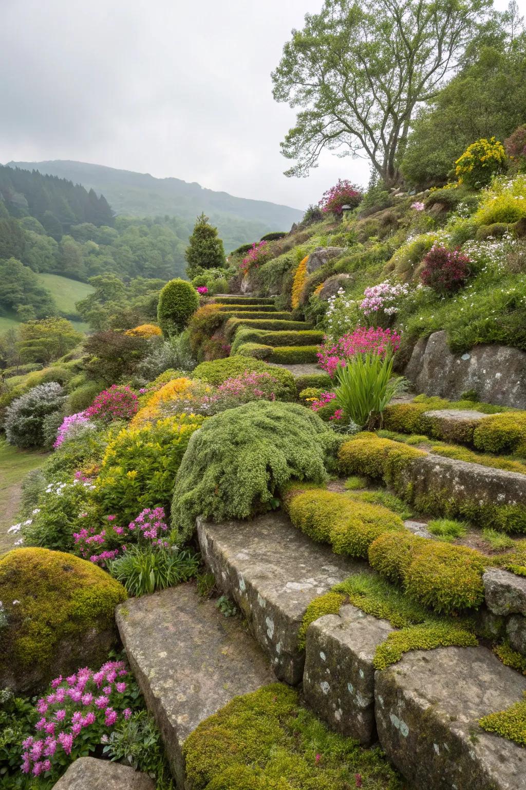 A multi-level garden showcasing the beauty of moss rock terraces.