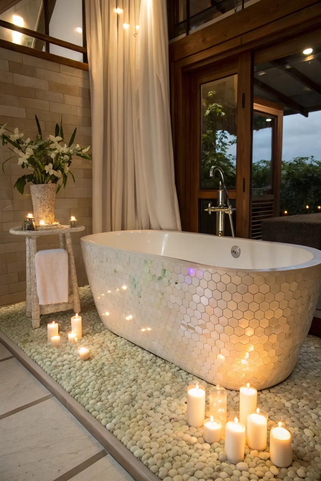 Upgrade your bathing moments with a nacre tile surround.