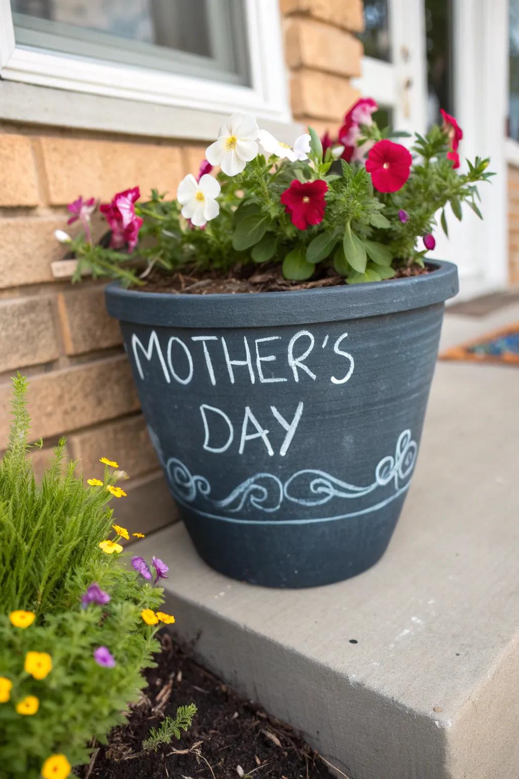 A chalkboard flower pot allowing for countless messages.