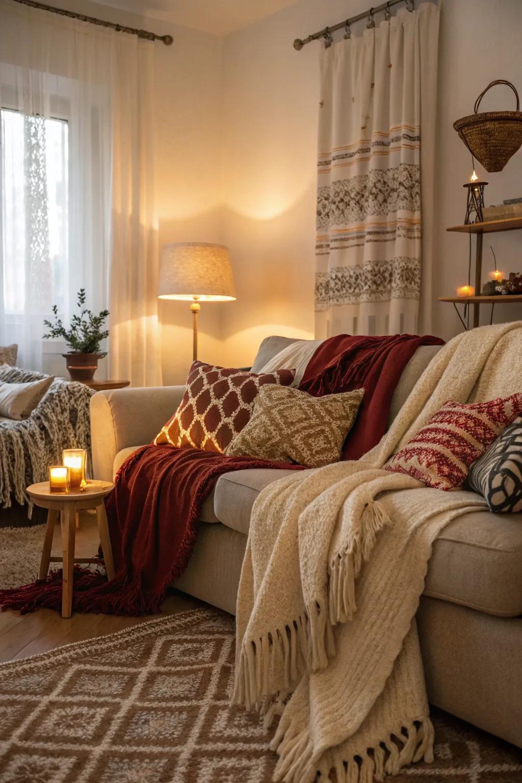 A mix of warm textiles adds coziness to the living space.