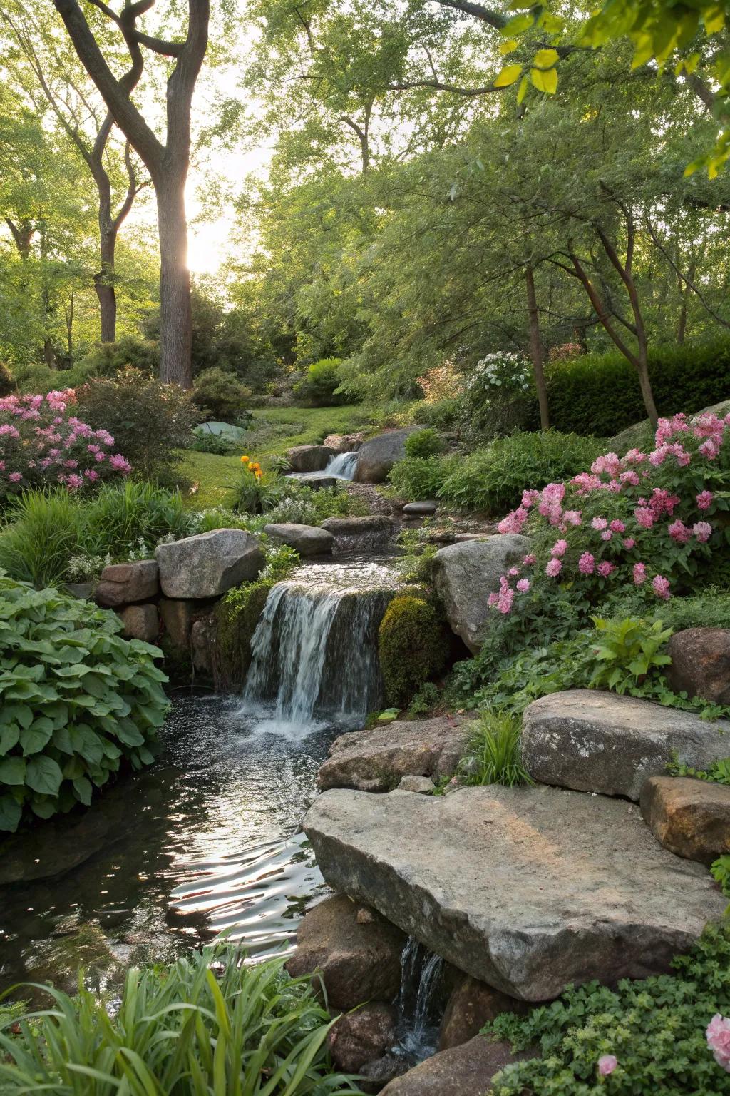 A peaceful waterfall flowing over natural stones, adding tranquility to the garden.