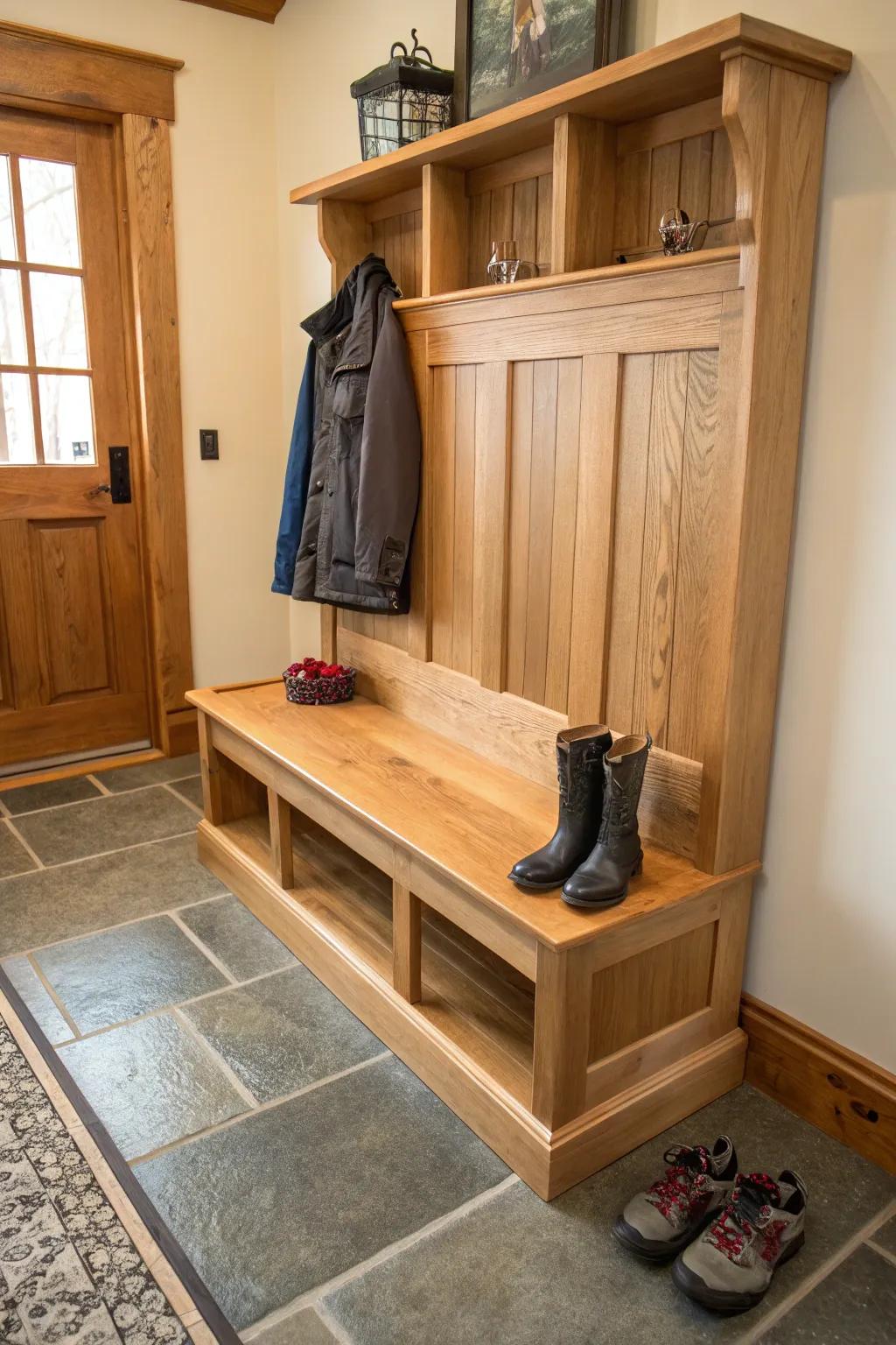 A mudroom bench displaying the beauty of natural wood finishes.