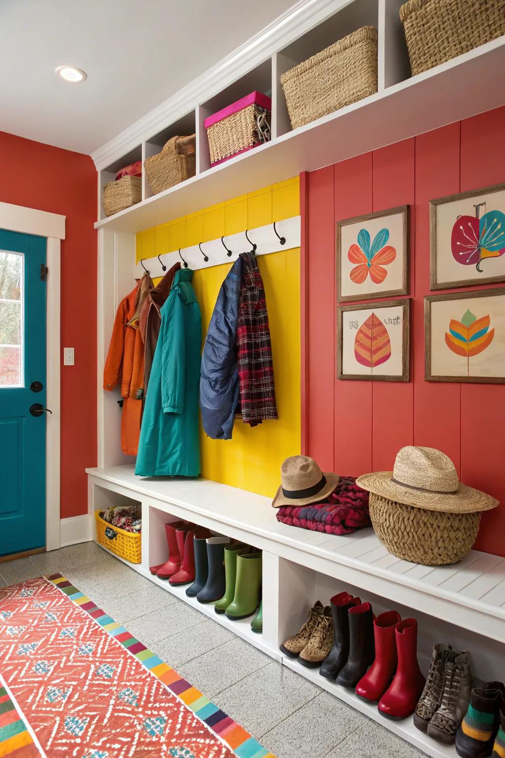 A mudroom with walls painted in bright colors that add character and a vibrant feel to the space.