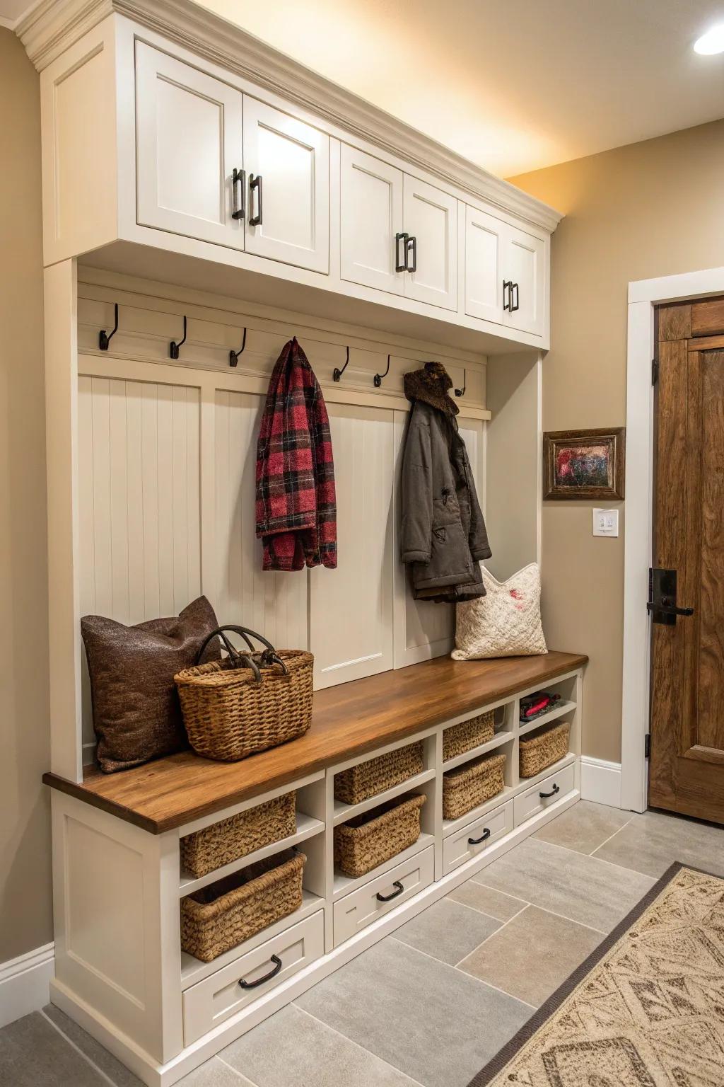 Mudroom seating arrangement highlighting storage drawers beneath for shoes.