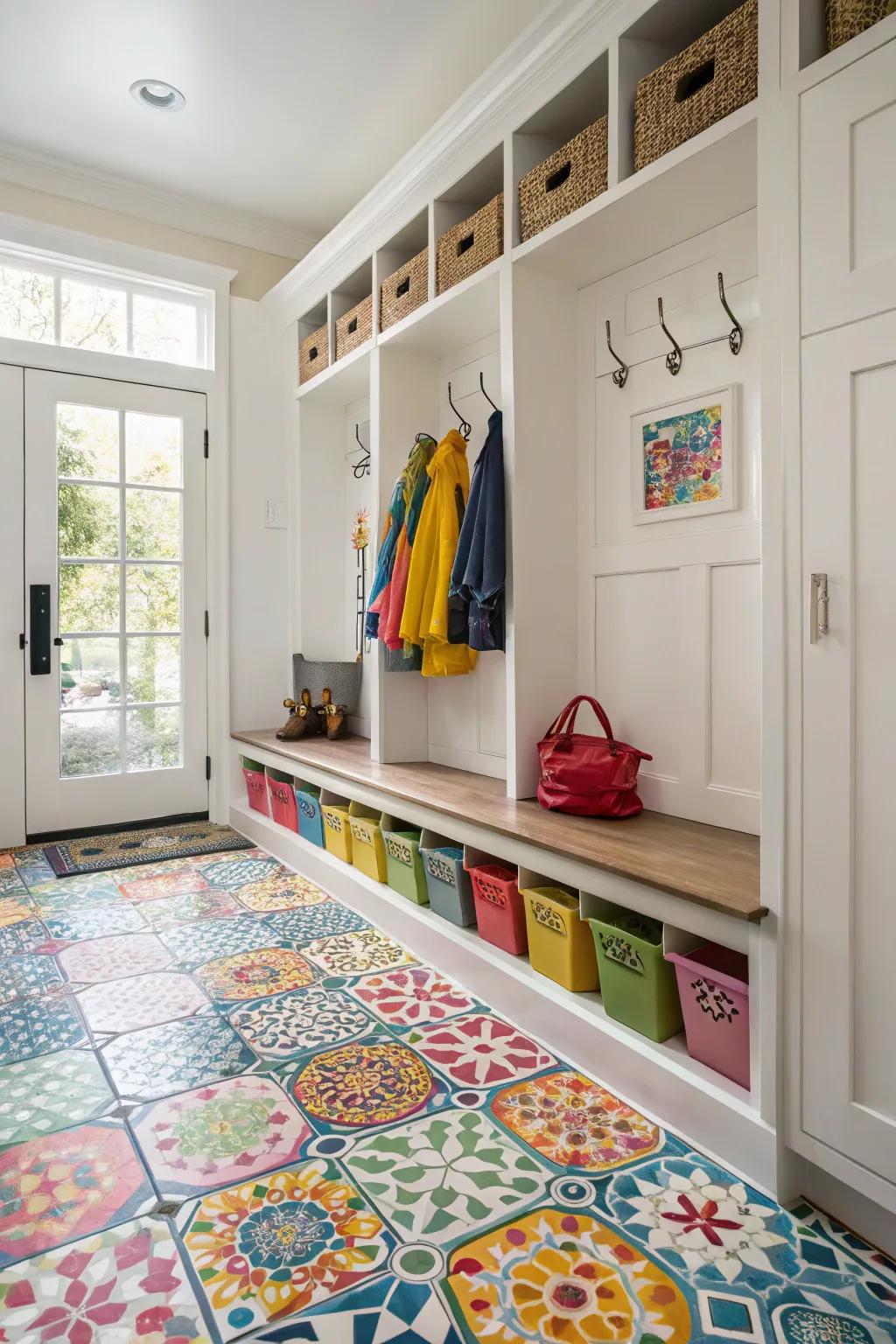 Your mudroom floor will look more playful with mosaic floor coverings.
