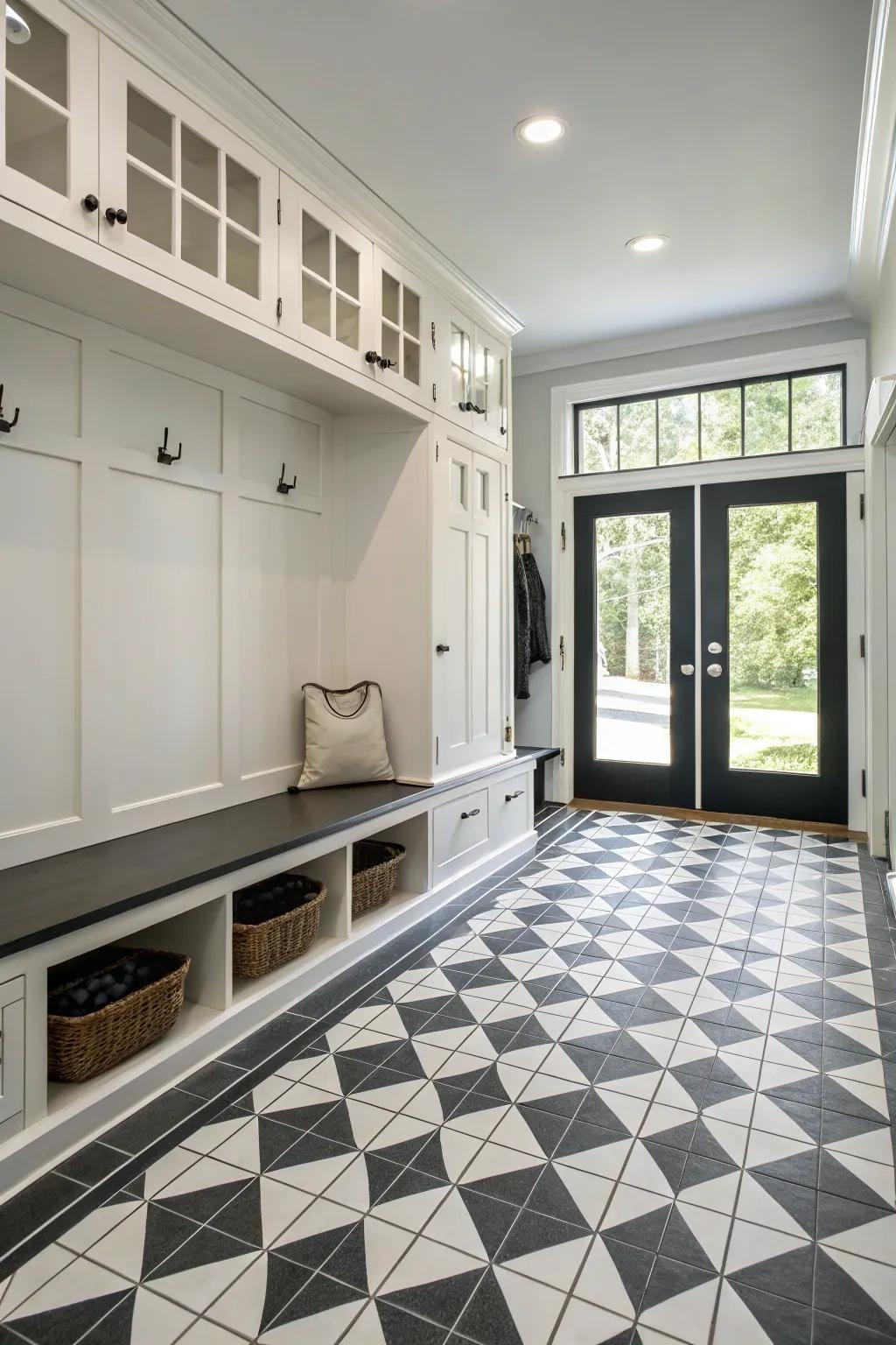 Striking ebony and snow white tiles in a modern mudroom