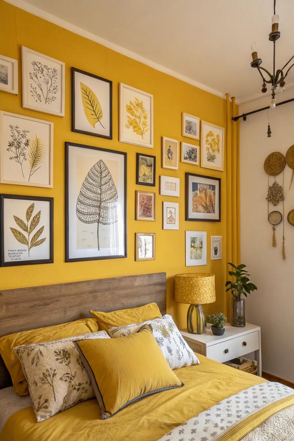 A bedroom wall decorated using yellow-themed art pieces.