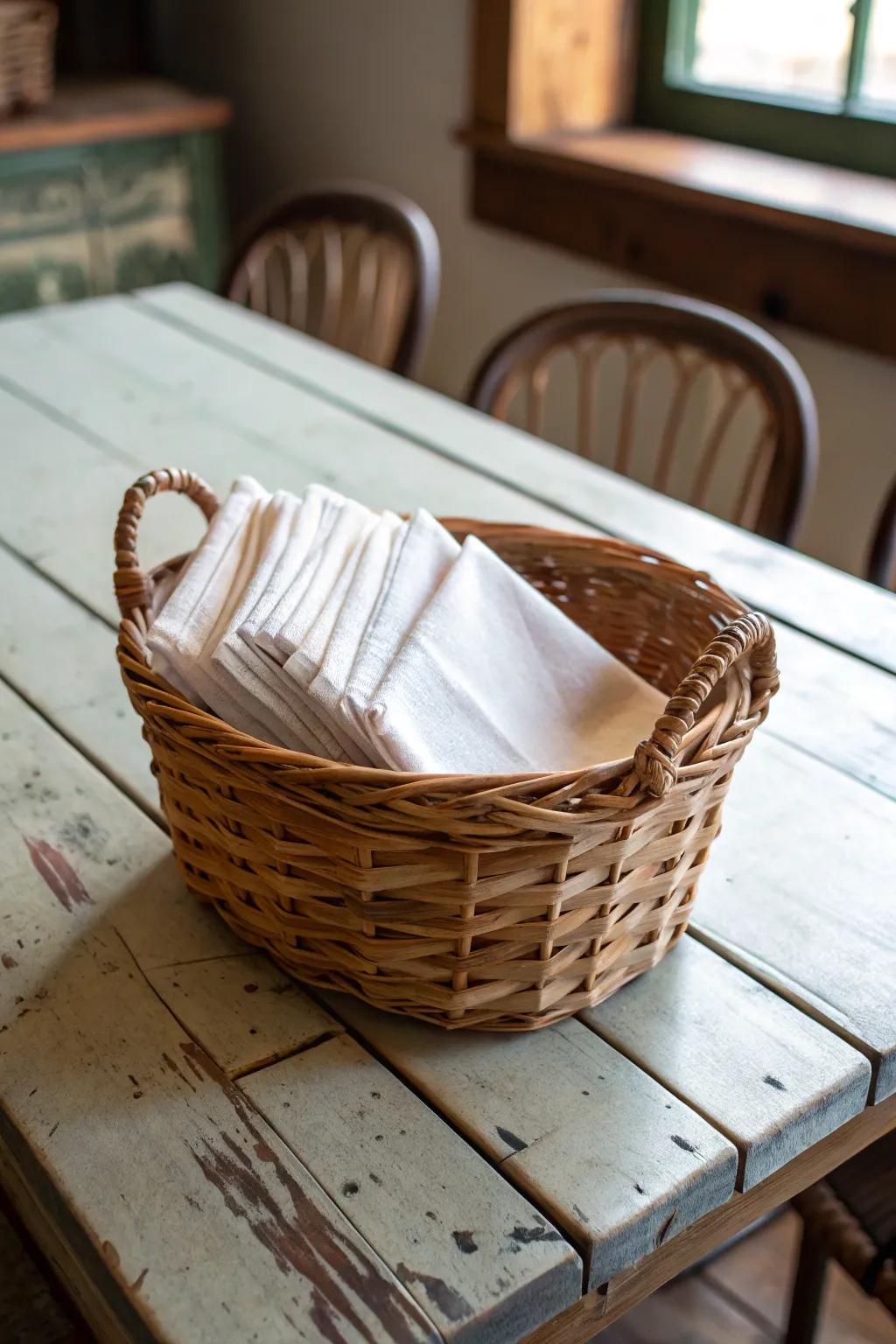 Woven baskets provide a delightful and functional method for storing napkins.