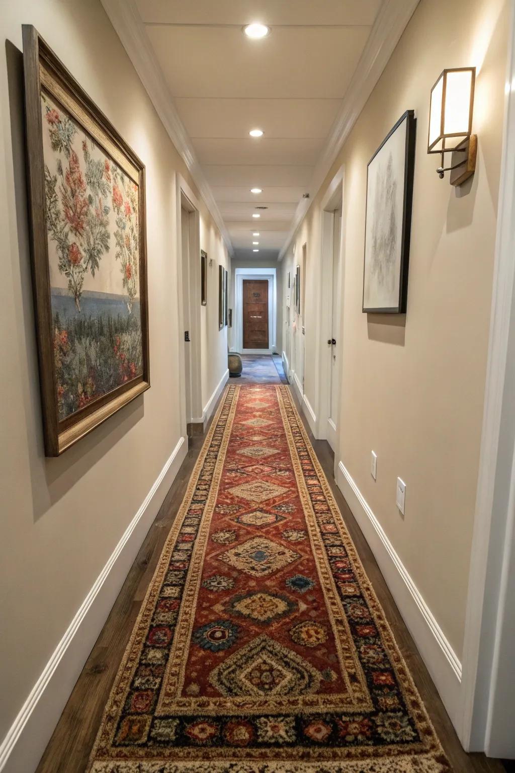 Hallway carpets can infuse warmth and definition into a narrow hallway.