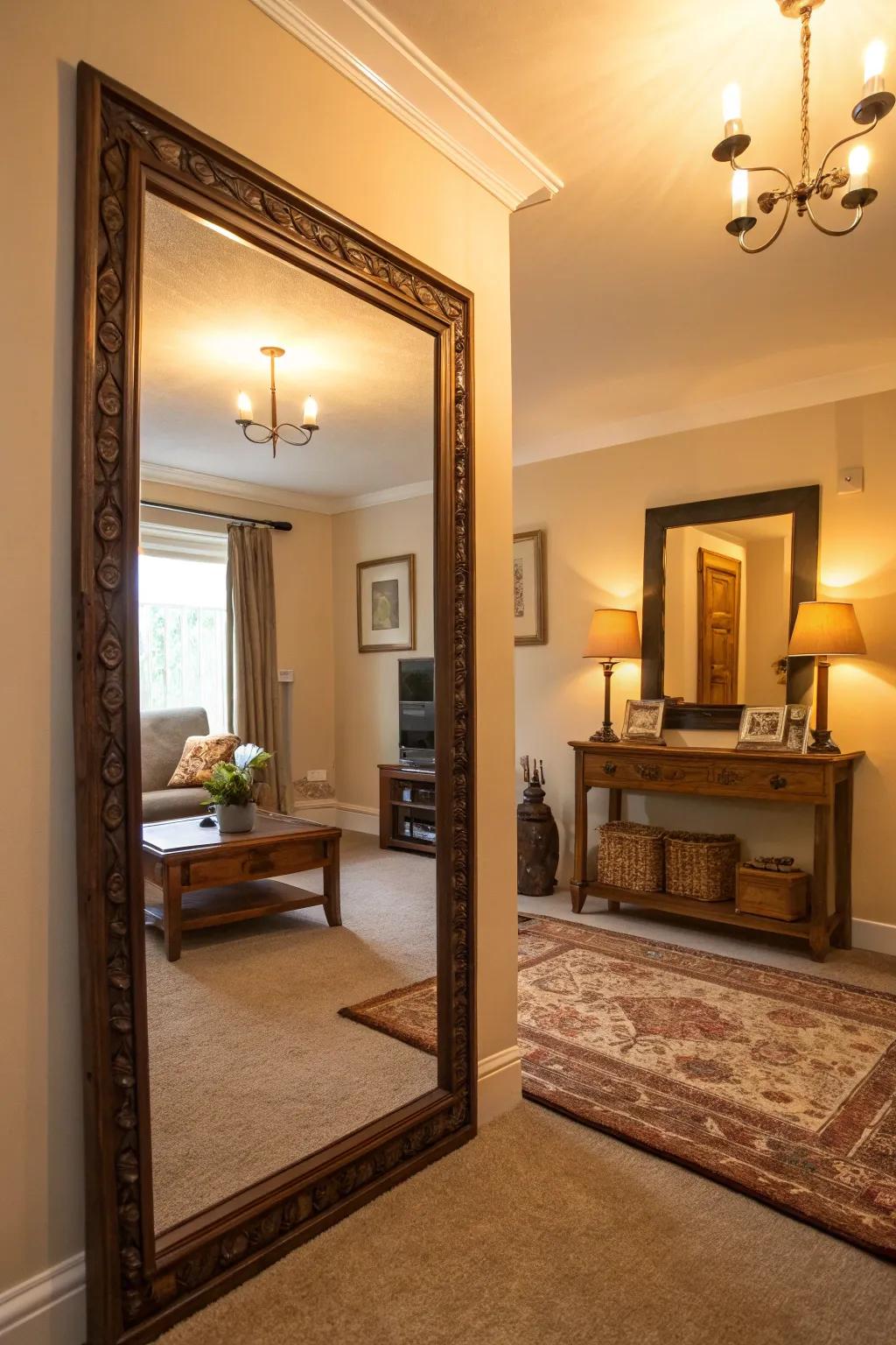 A sizable mirror, thoughtfully placed, enhances the apparent dimensions of a confined living space.