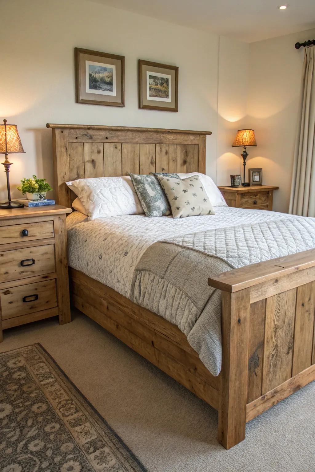 Upcycled wood adds warmth and character to this bedroom.