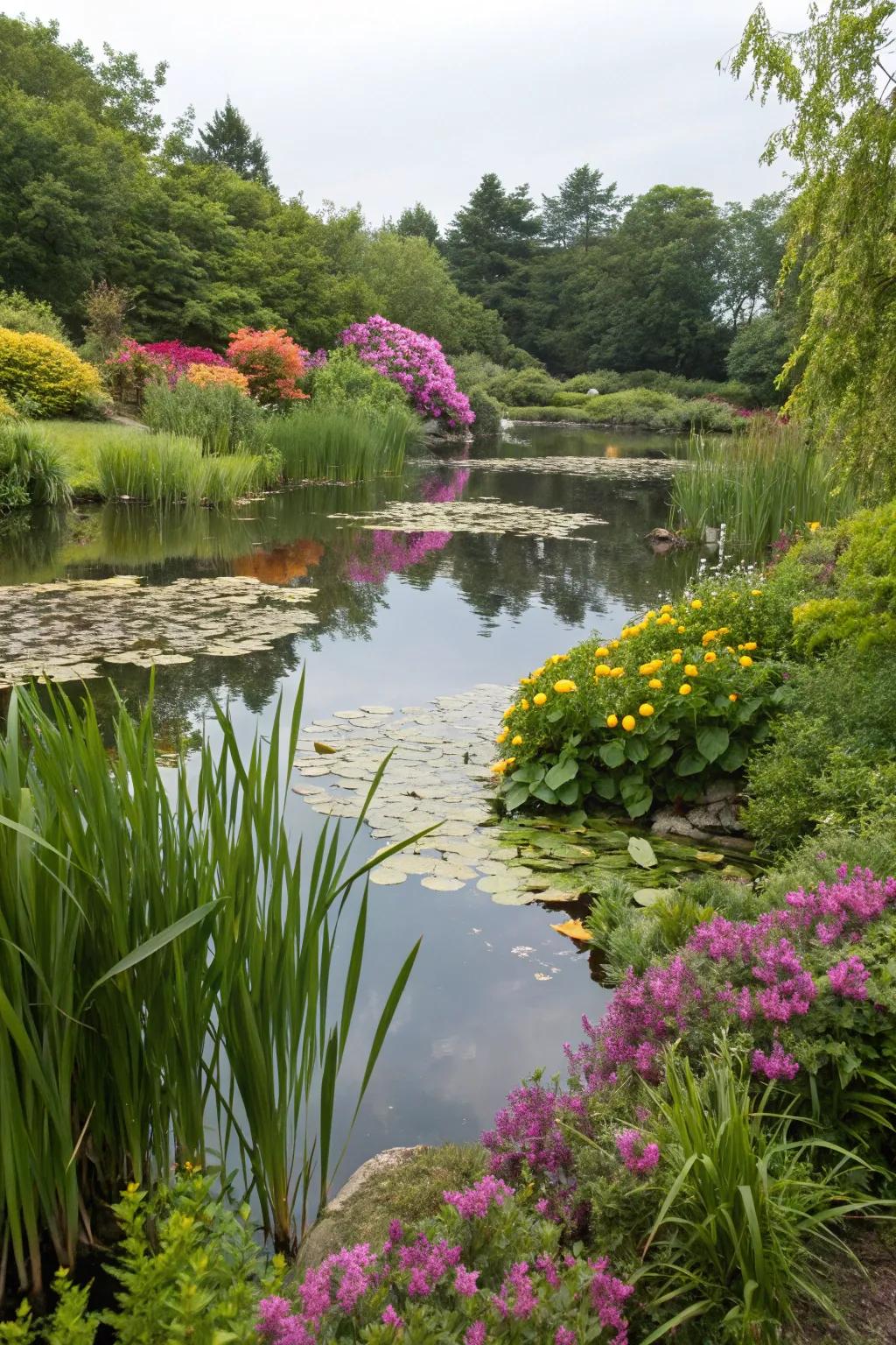 Flourishing verdure and vibrant blooms amplifying the visual charm of a genuine pond.