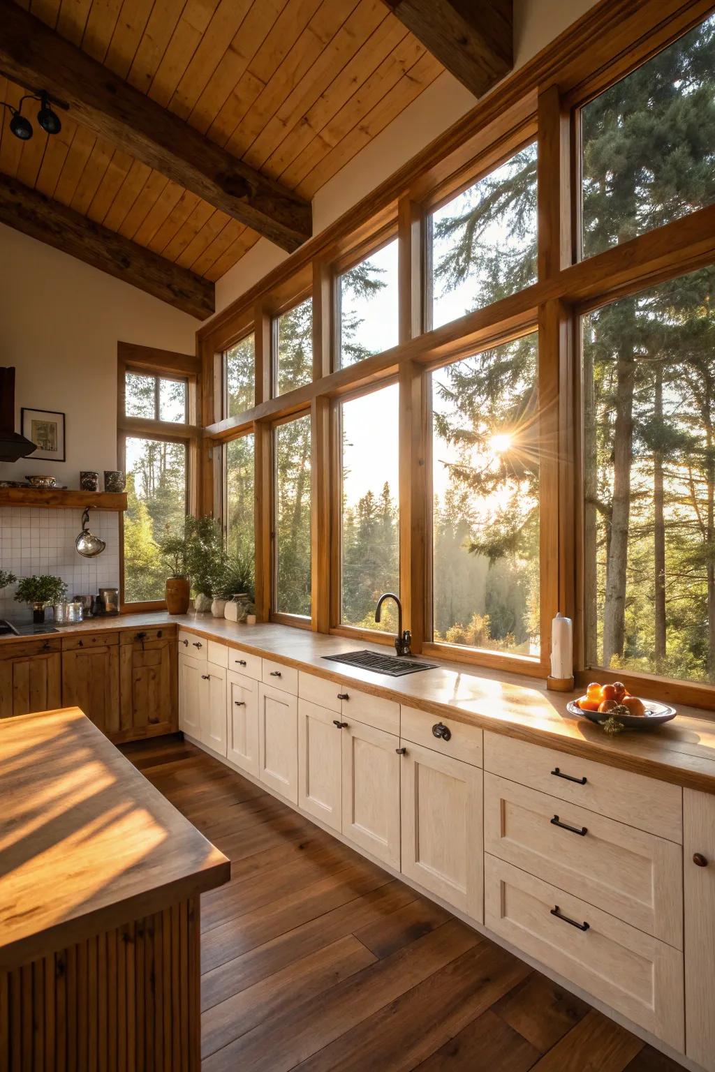 Expansive windows flood the kitchen with innate illumination, accentuating timber features.